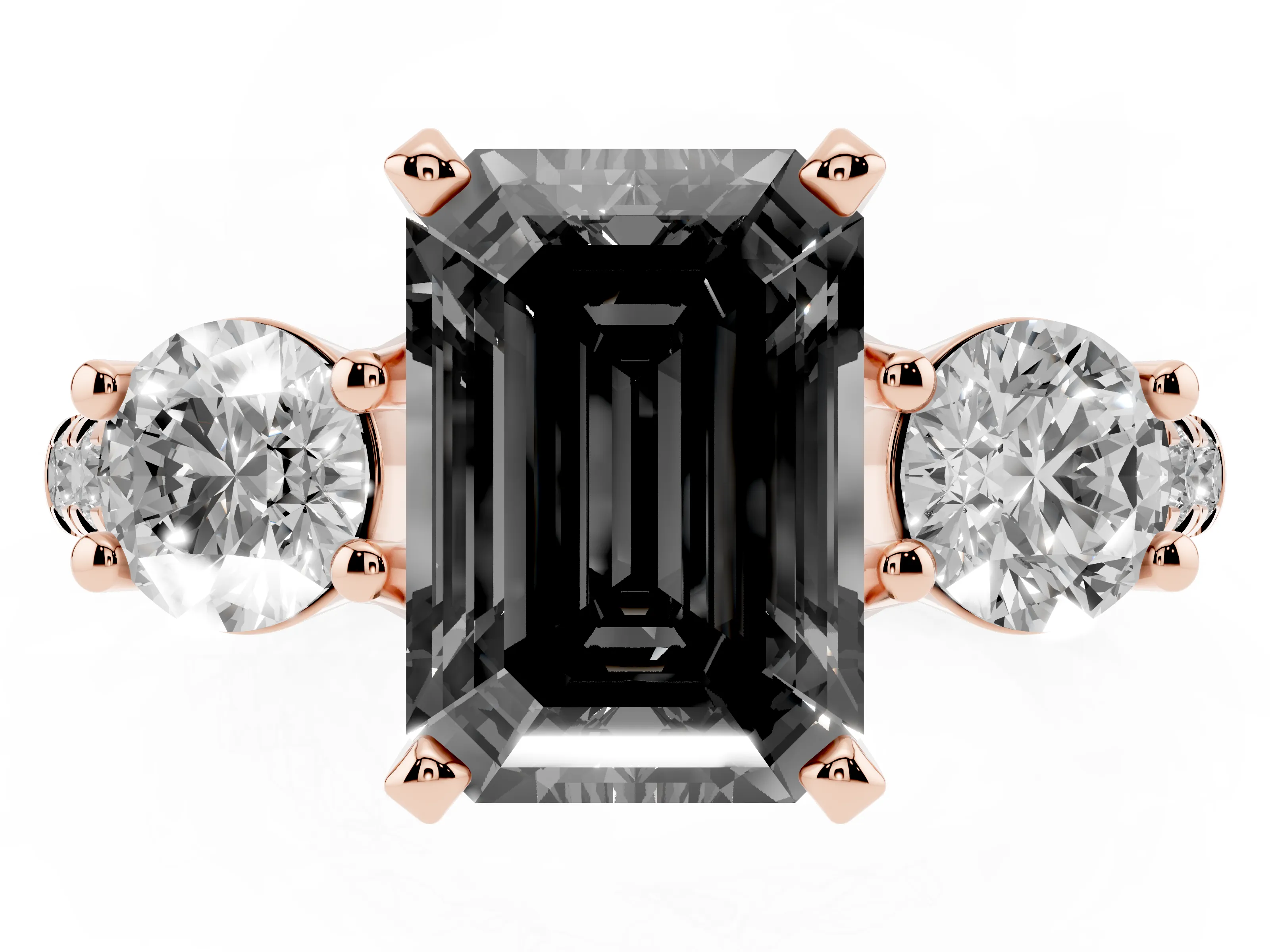 Fancy Black Three-Stone Emerald Cut Diamond Pavé Band Ring Set in Rose gold with Prong-Set Trio