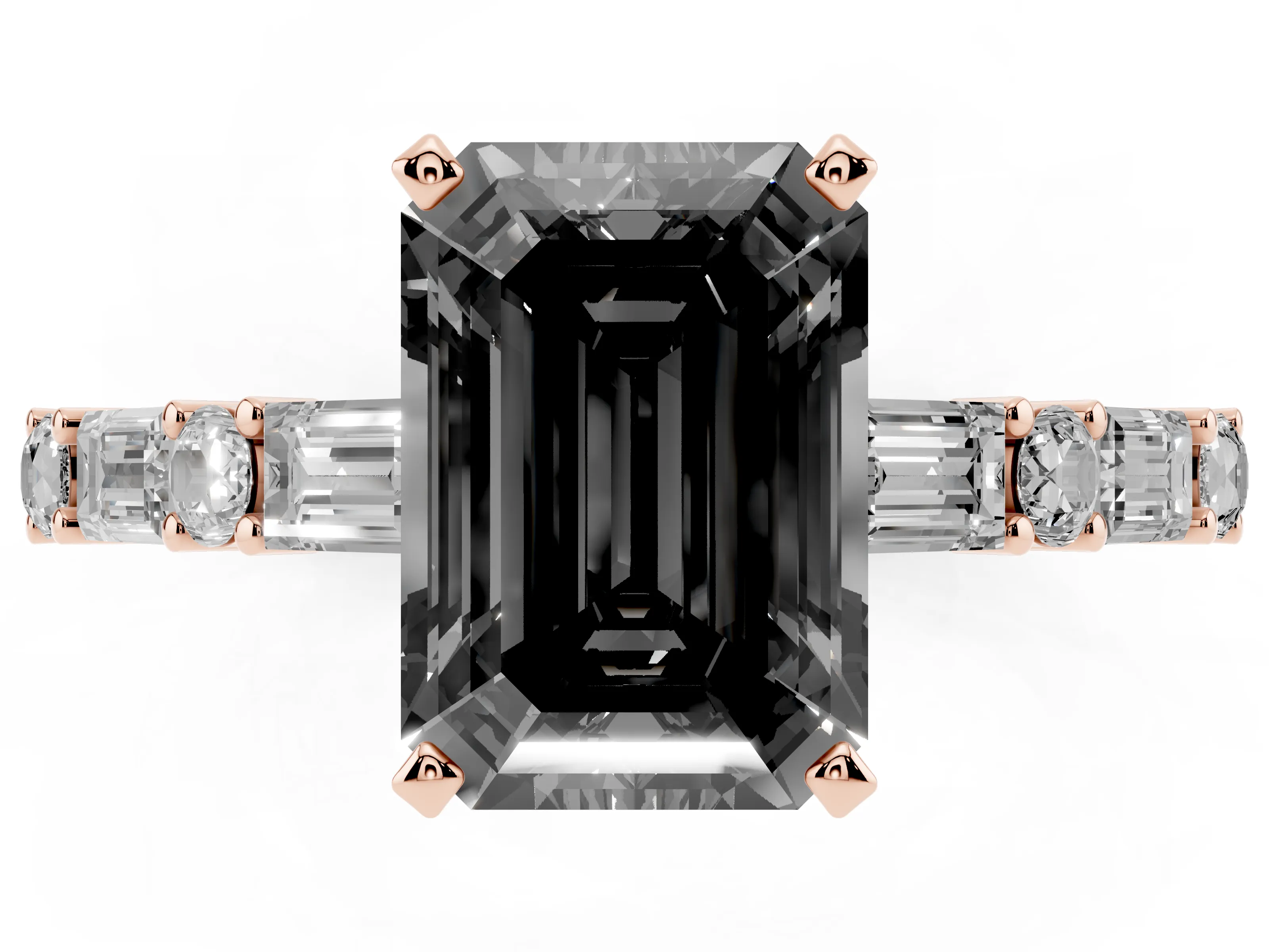Fancy Black Emerald Cut Diamond Solitaire Set in Rose gold with Side Baguettes and Channel Set Band