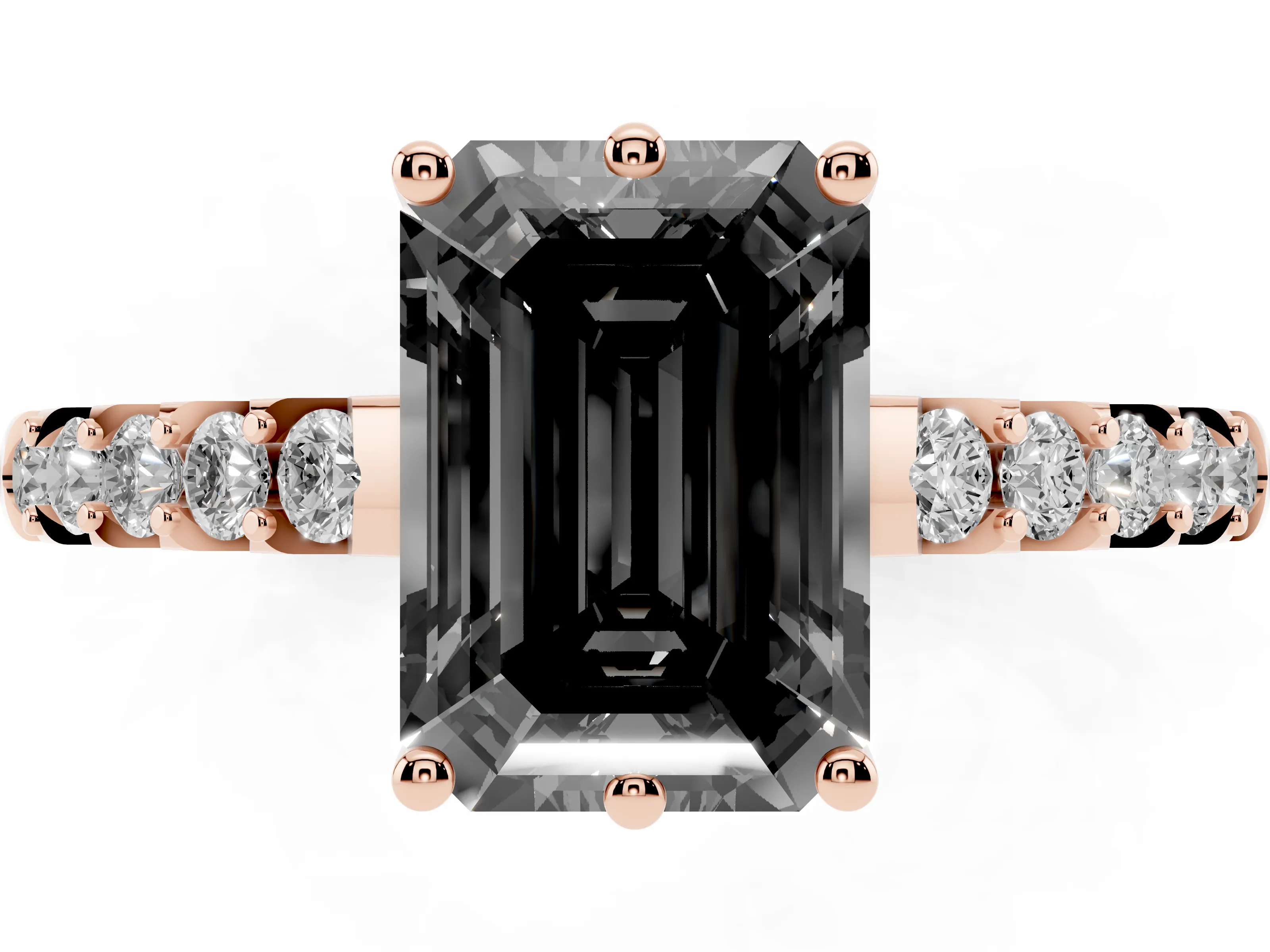 Fancy Black Emerald Cut Diamond Solitaire Engagement Ring Set in Rose gold with Pavé Band and Prong Setting