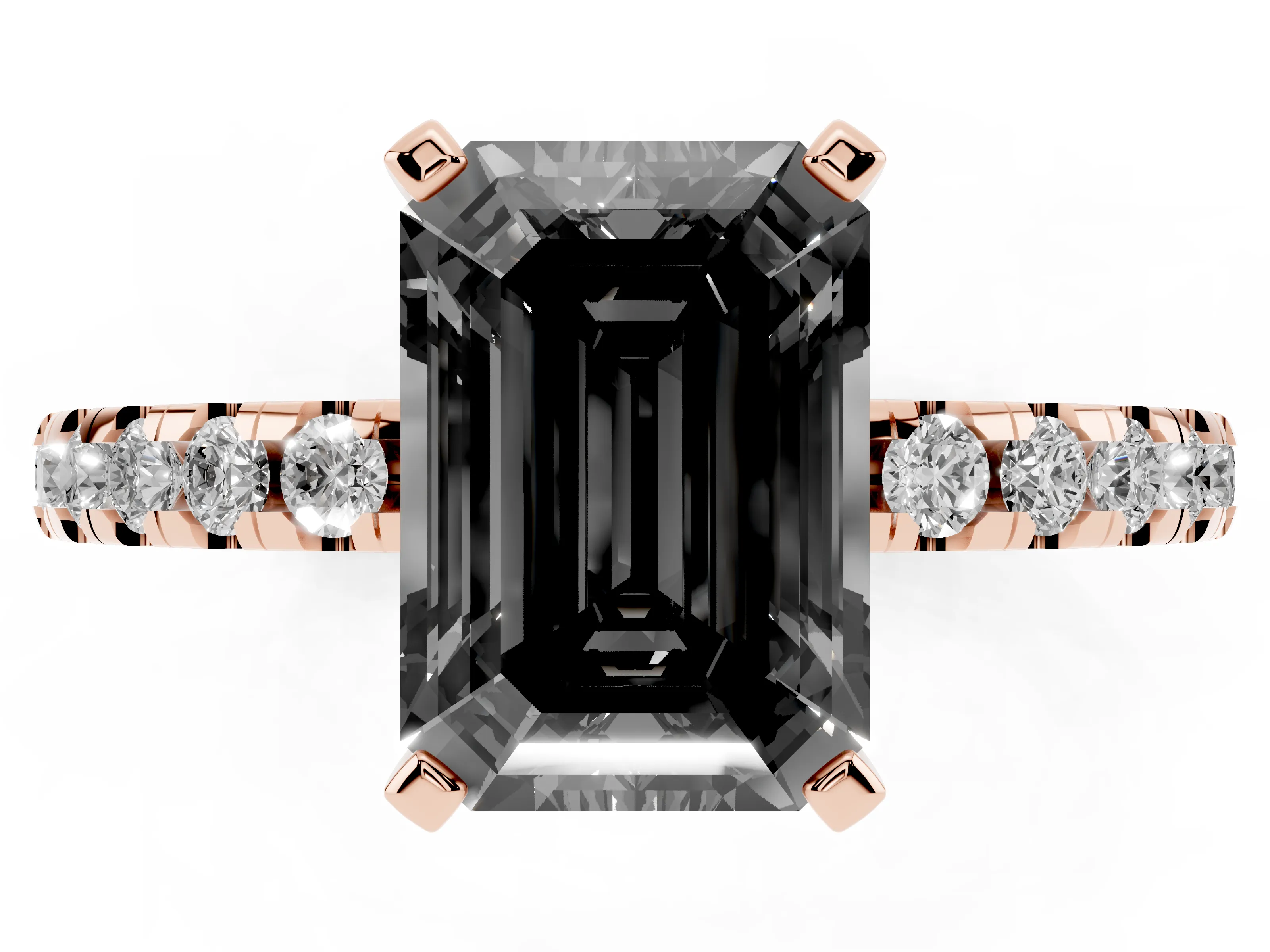 Fancy Black Emerald Cut Diamond Pavé Solitaire Ring Set in Rose gold with Round Band Accents and Prong Setting