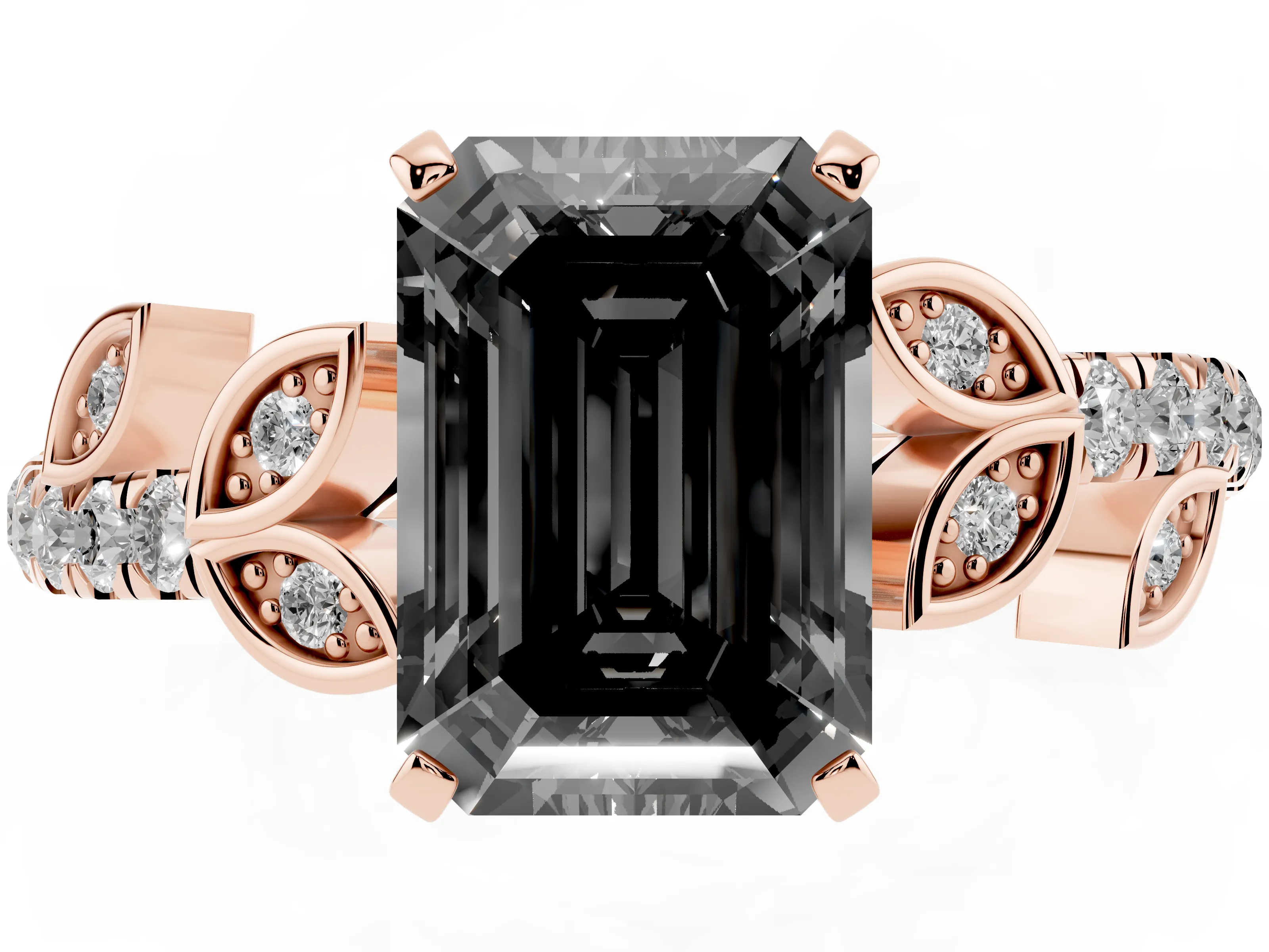 Fancy Black Emerald Cut Diamond Solitaire Leaf-Inspired Ring Set in Rose gold with Pavé Band and Prong Setting
