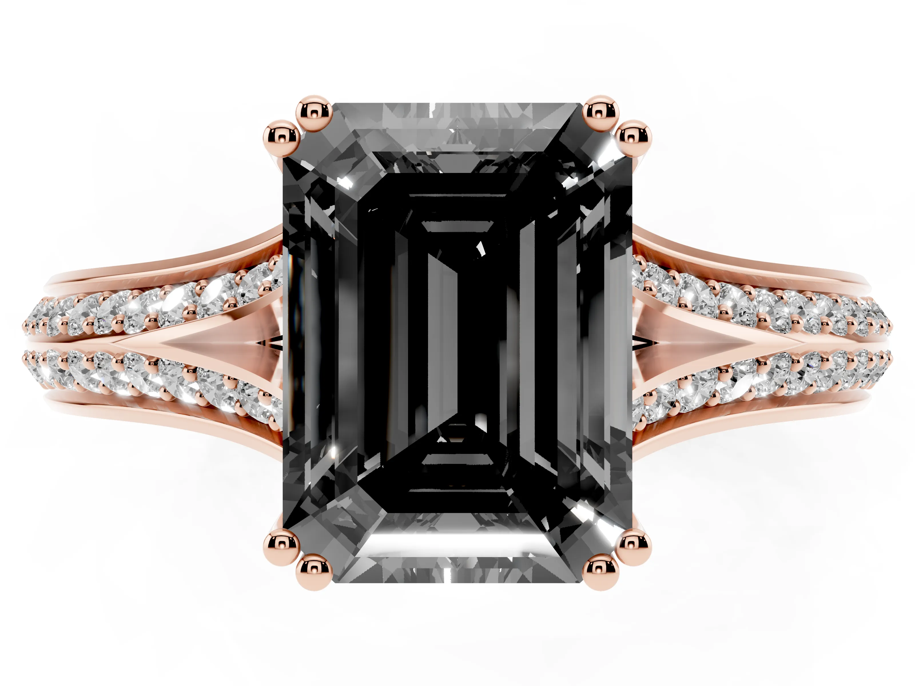 Fancy Black Emerald Cut Diamond Split Shank Pavé Engagement Ring Set in Rose gold with Prong-Set Center Stone