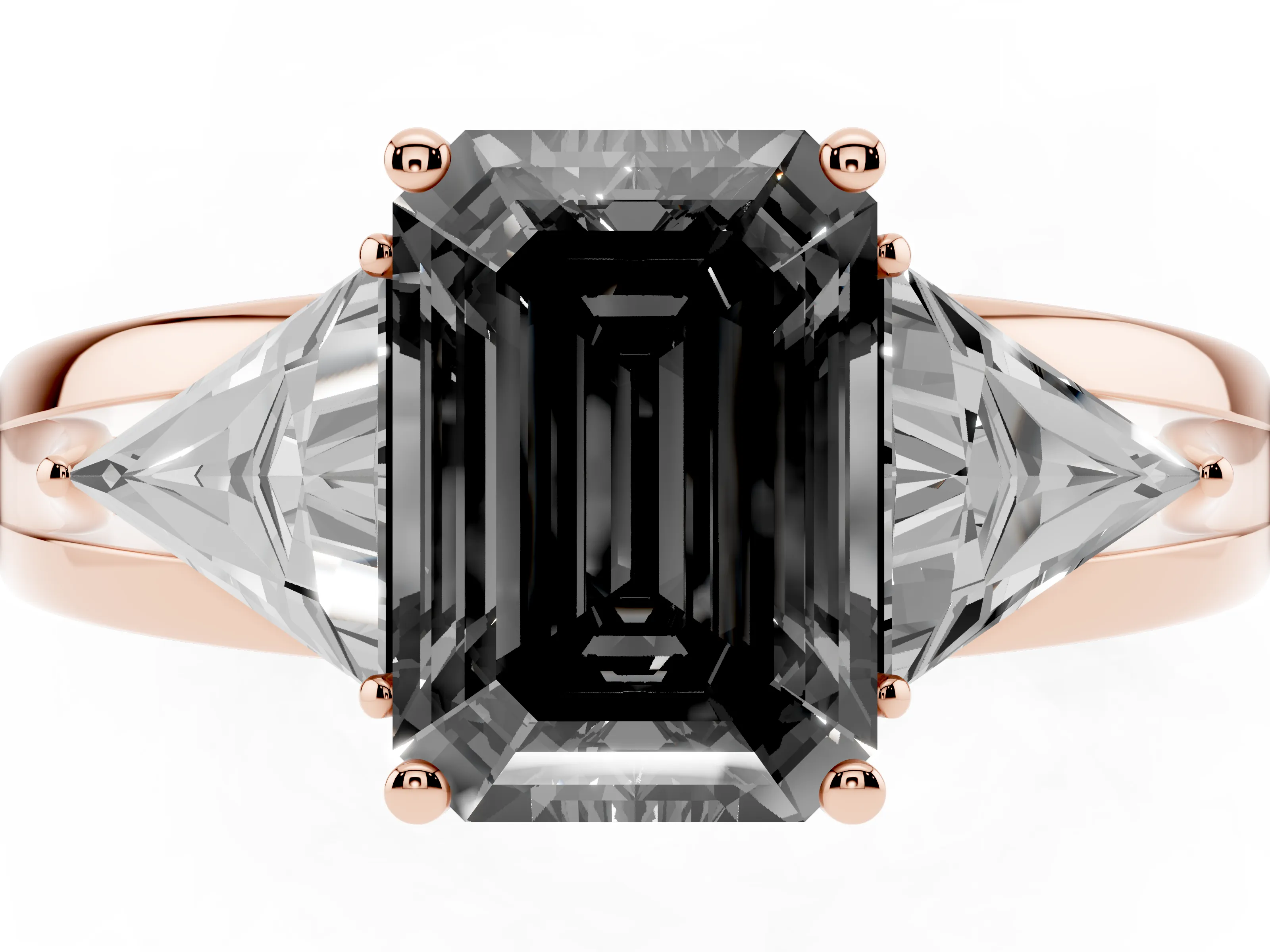 Fancy Black Emerald Cut Diamond Three-Stone Ring Set in Rose gold with Trillion Side Stones and Split Shank