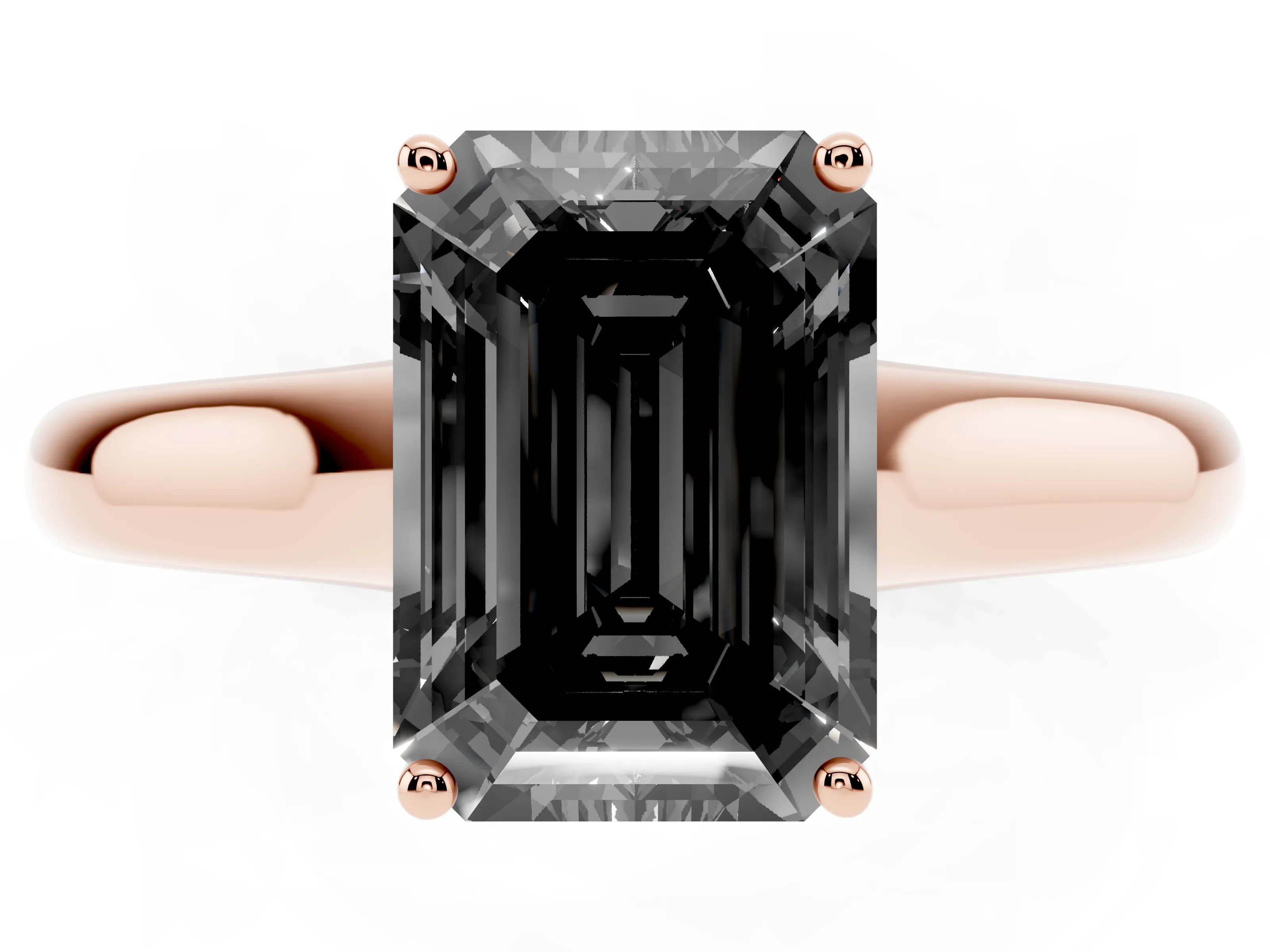 Fancy Black Emerald Cut Diamond Solitaire Engagement Ring Set in Rose gold with Subtly Tapered Band and Prong Setting
