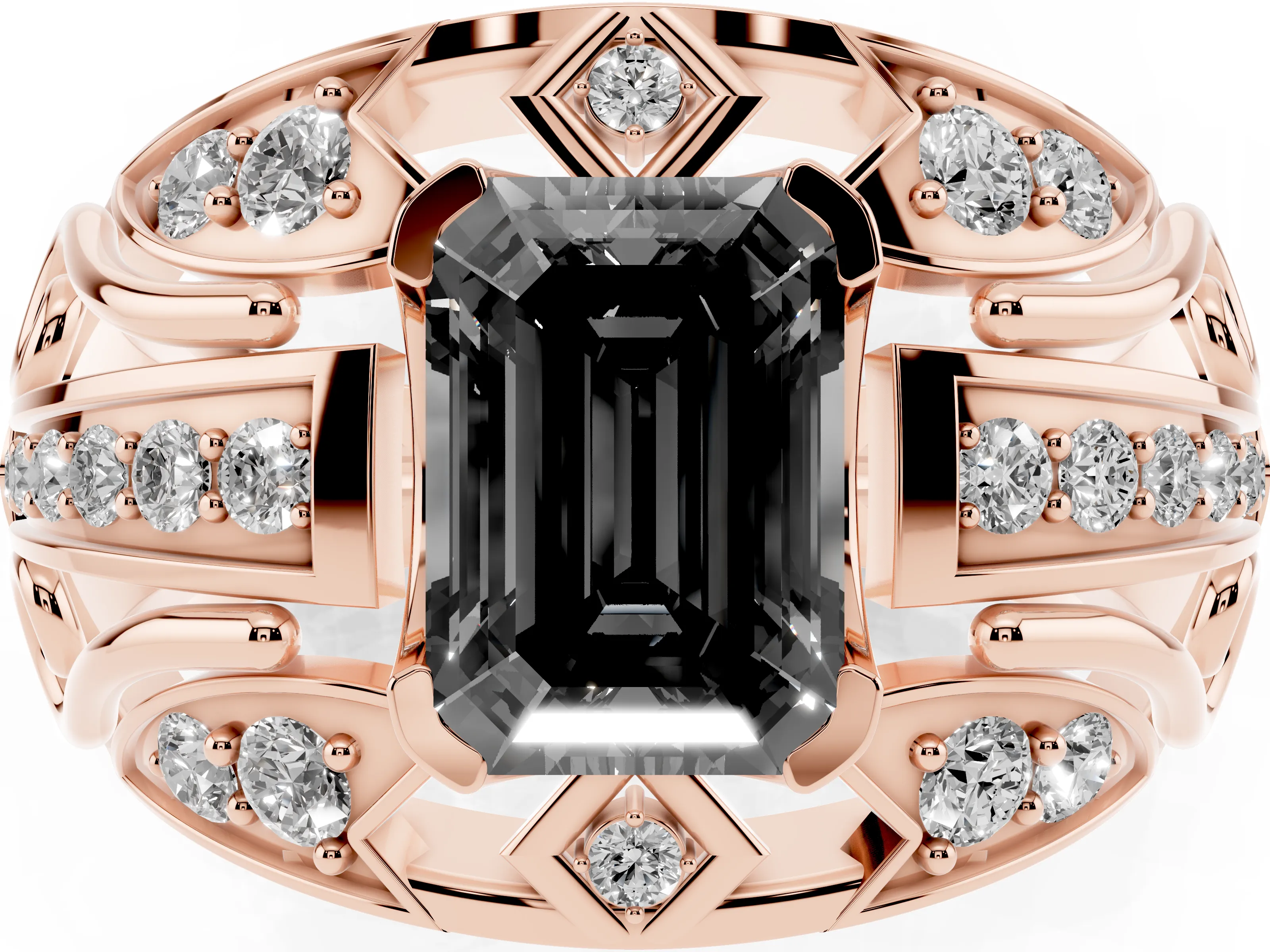 Fancy Black Emerald Cut Diamond Art Deco Ring Set in Rose gold with Pavé Split Shank