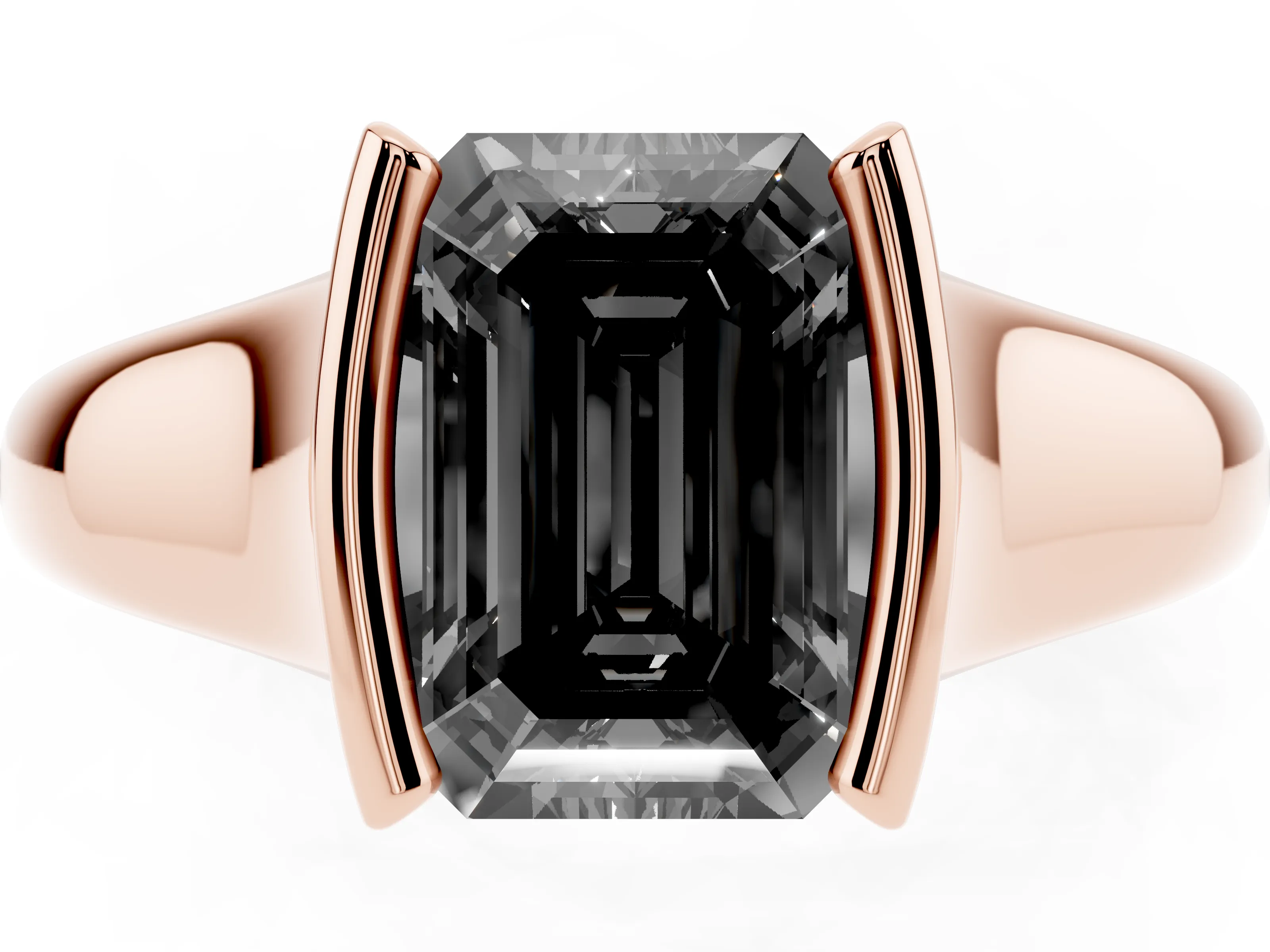 Fancy Black Emerald Cut Diamond Solitaire Tension Set Ring Set in Rose gold with Split Shank Band