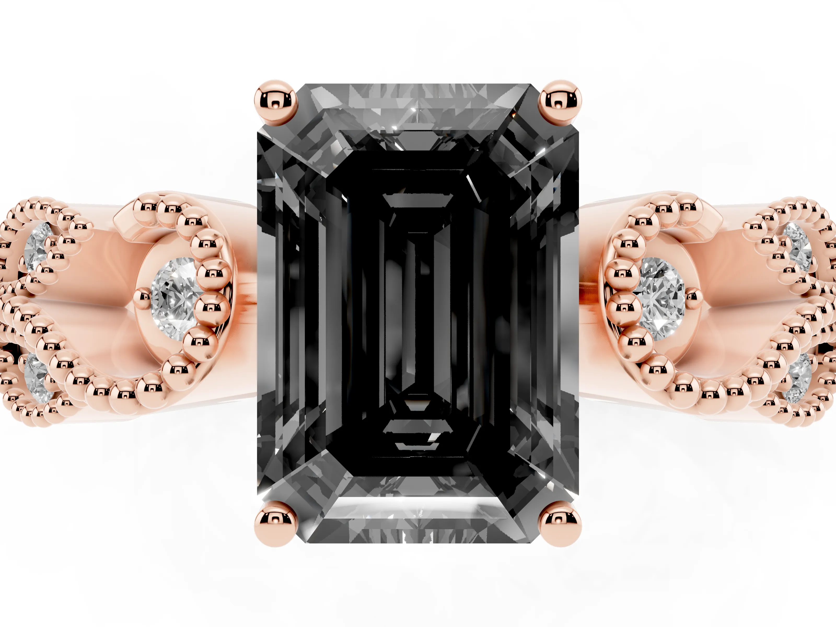 Fancy Black Emerald Cut Diamond Milgrain Leaf Band Solitaire Ring Set in Rose gold with Accent Stones and Prong Setting