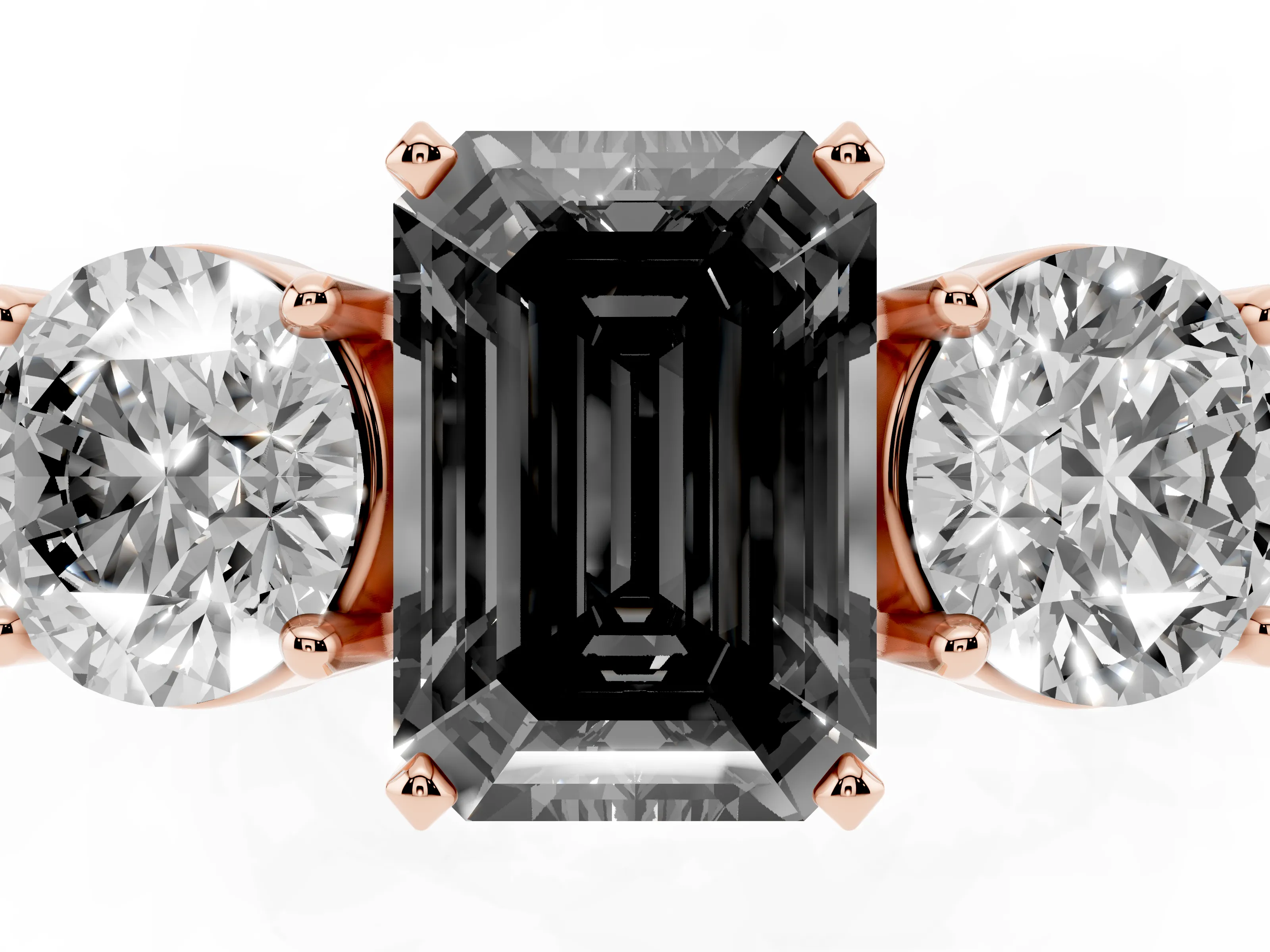 Fancy Black Emerald Cut Diamond Three-Stone Ring Set in Rose gold with Round Side Stones and Classic Band