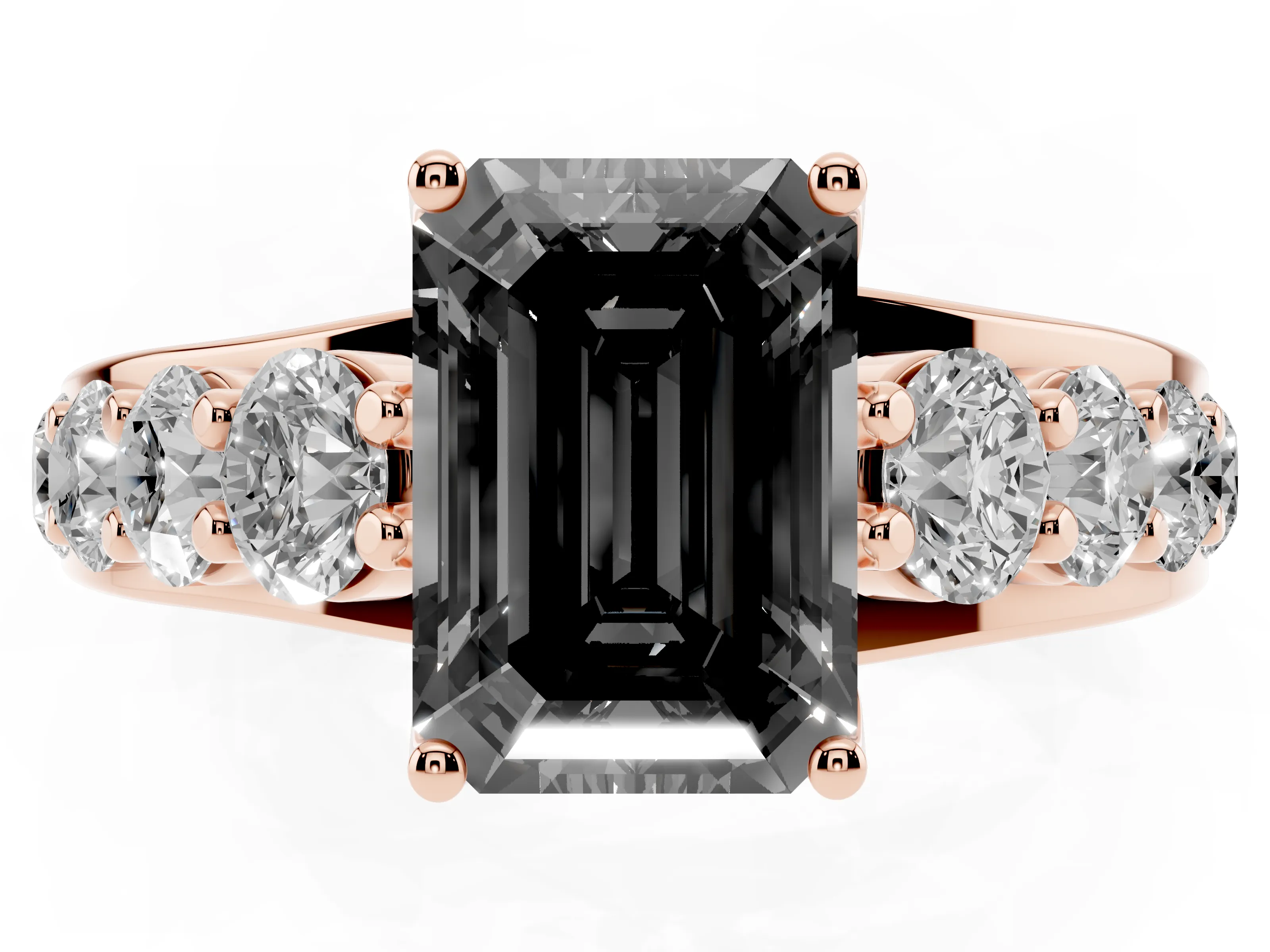 Fancy Black Emerald Cut Diamond Pavé Engagement Ring Set in Rose gold with Prong Setting
