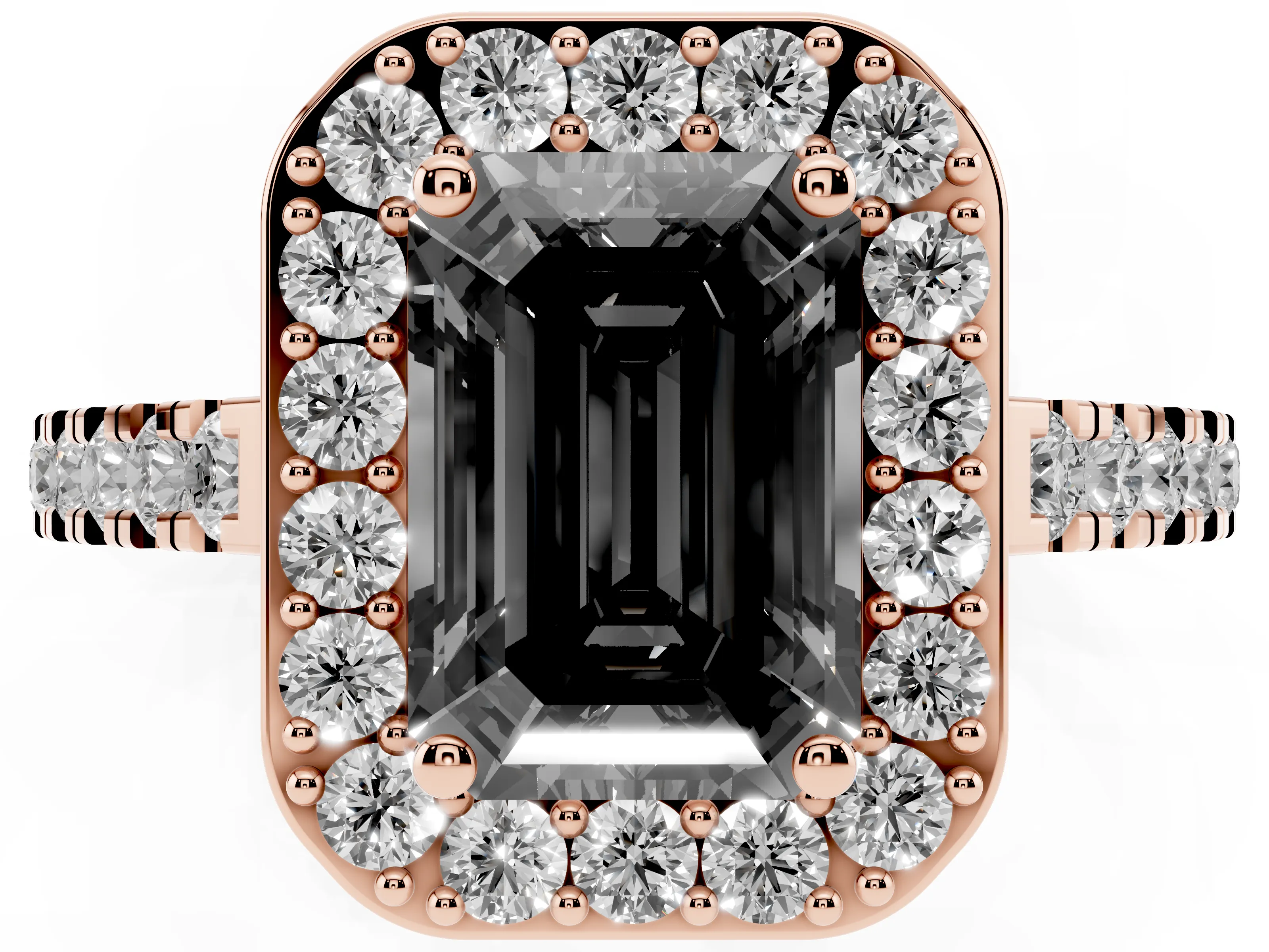 Fancy Black Emerald Cut Diamond Halo Ring Set in Rose gold with Round Pavé Split Shank and Prong Setting