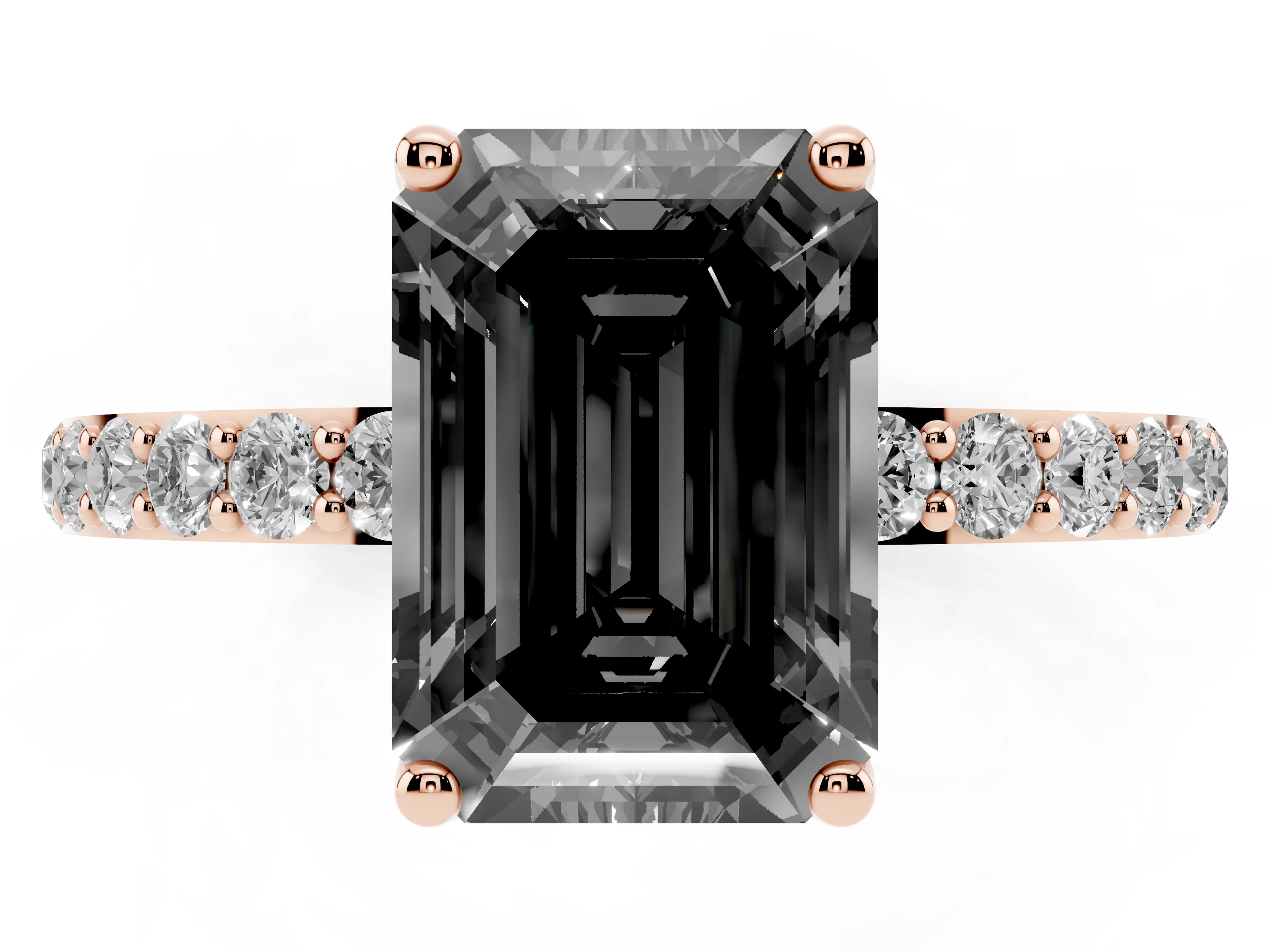 Fancy Black Emerald Cut Diamond Solitaire Engagement Ring Set in Rose gold with Round Pavé Band and Prong Setting