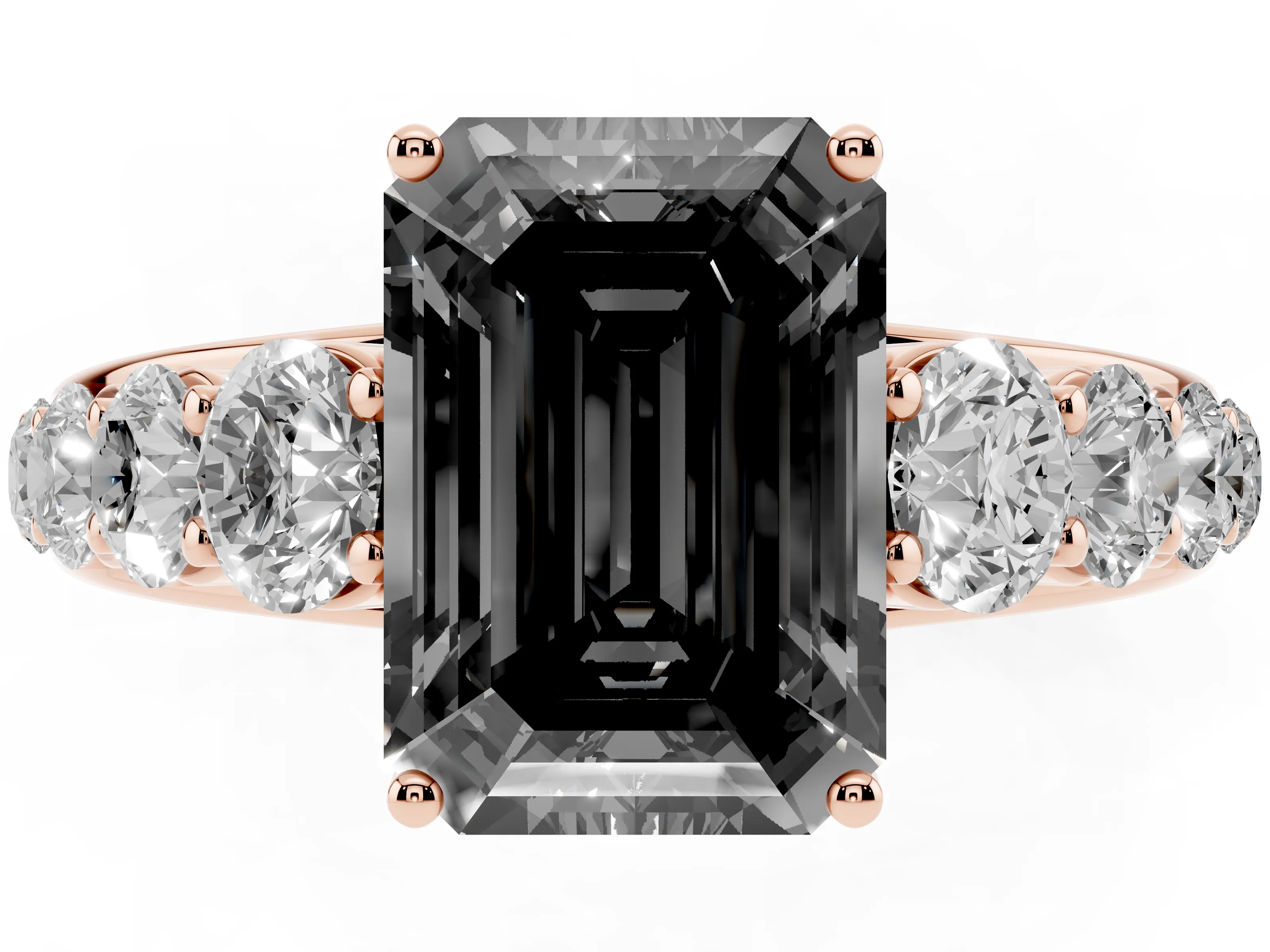 Fancy Black Emerald Cut Diamond Solitaire Ring Set in Rose gold with Pavé-Set Band and Prong Setting