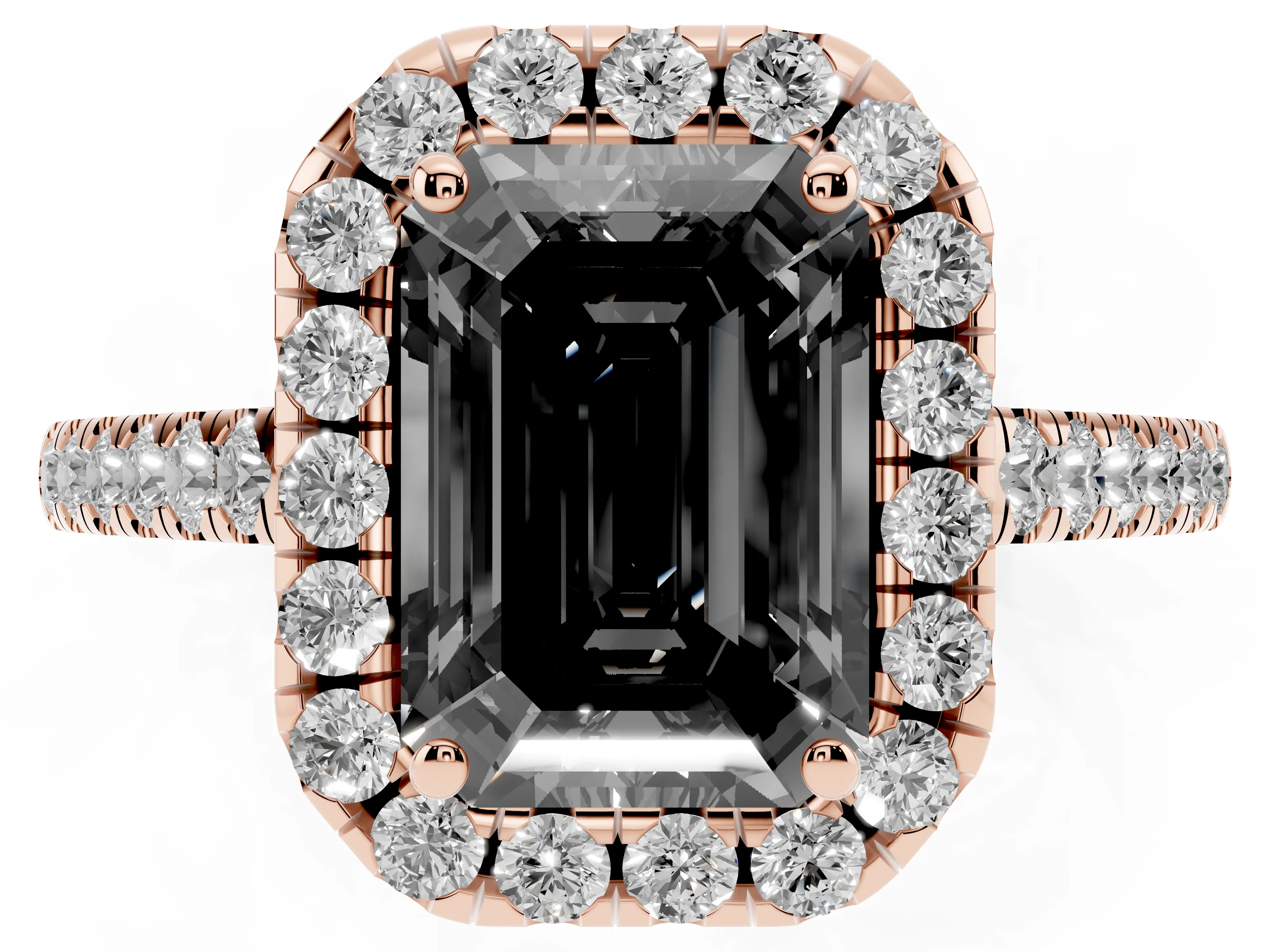 Fancy Black Emerald Cut Diamond Halo Pavé Engagement Ring Set in Rose gold with Prong Setting