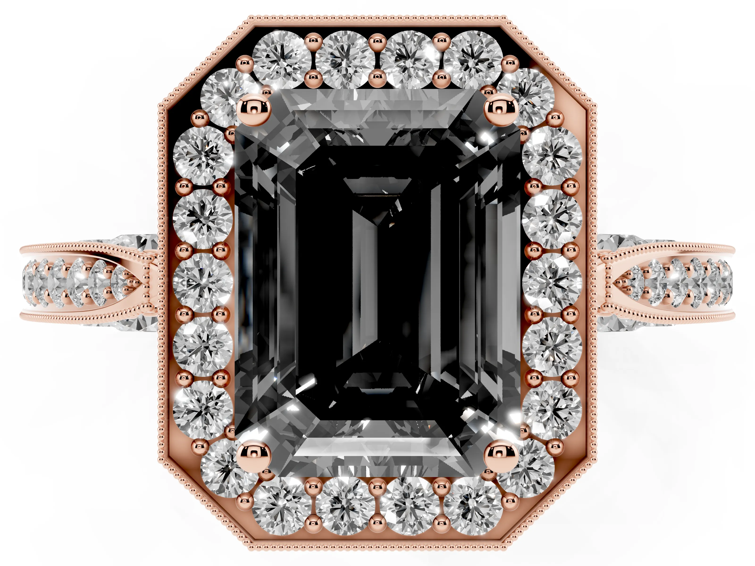 Fancy Black Emerald Cut Diamond Halo Engagement Ring Set in Rose gold with Accent Split Shank Band