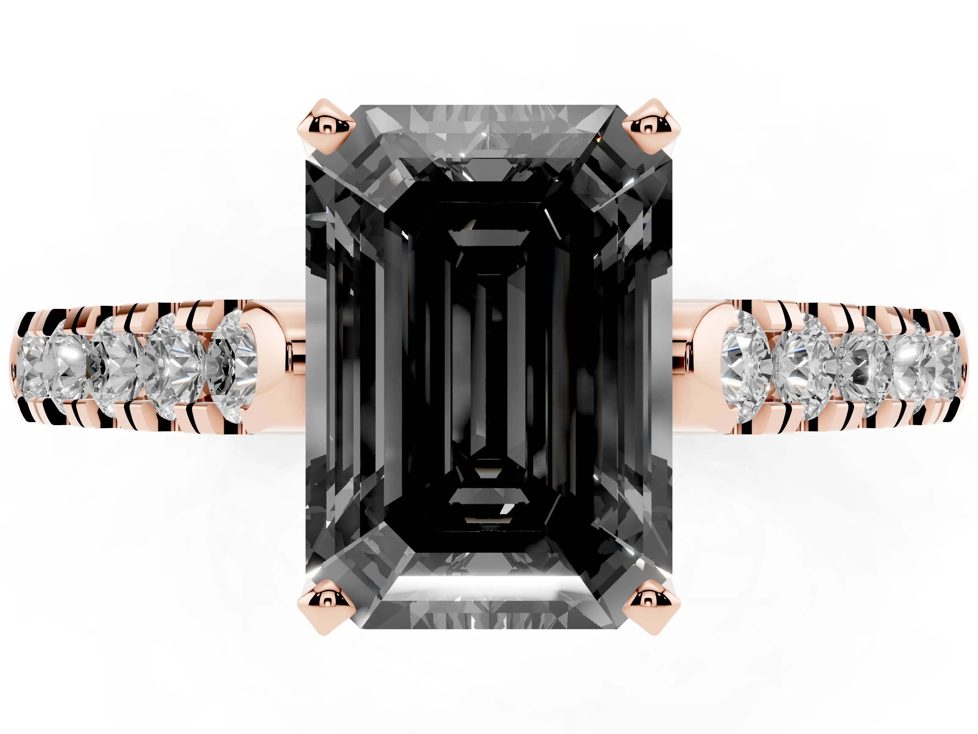 Fancy Black Emerald Cut Diamond Pavé Band Solitaire Ring Set in Rose gold with Partway Accent Stones and Prong Setting