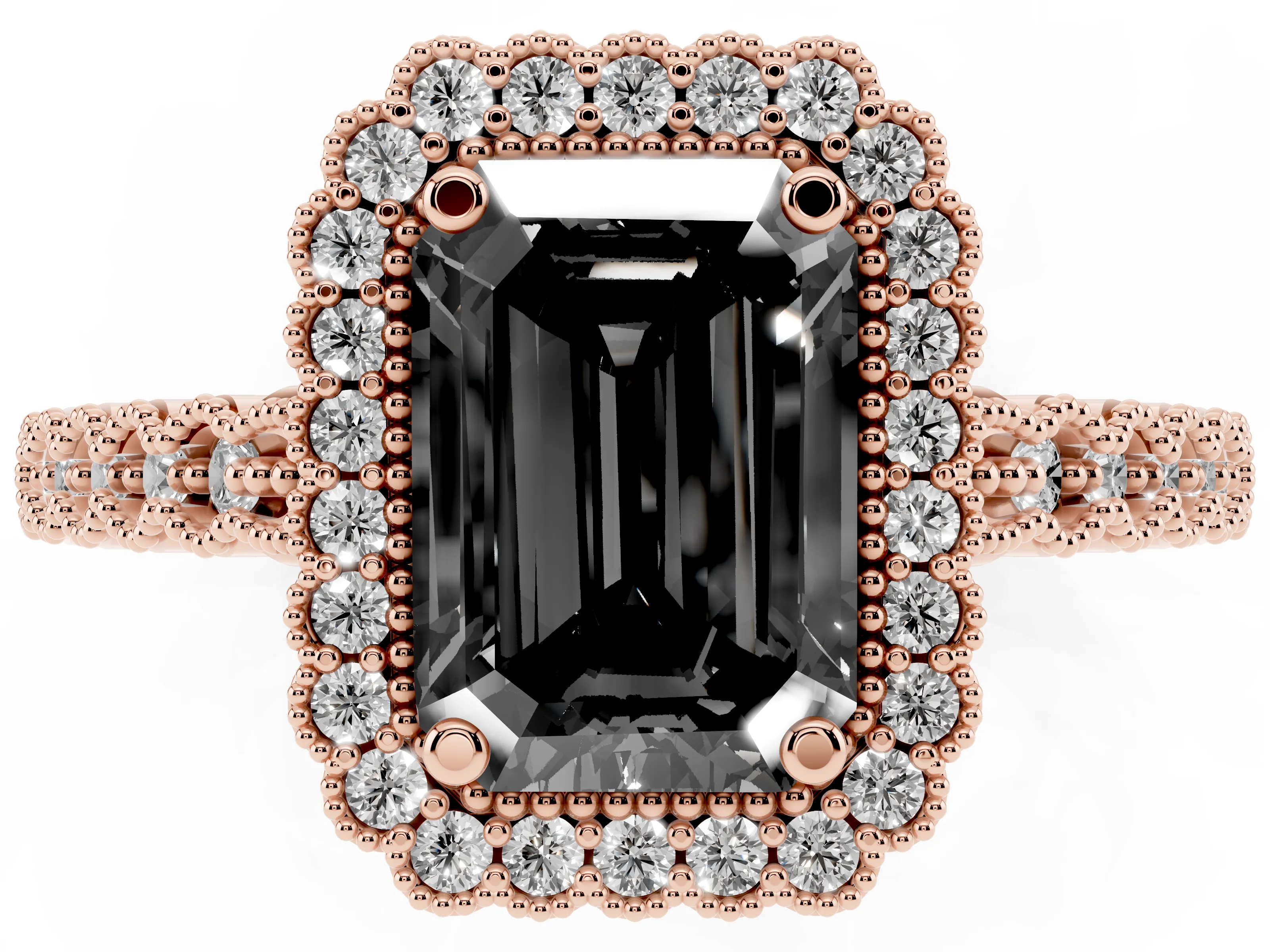 Fancy Black Emerald Cut Diamond Halo Ring Set in Rose gold with Pavé Milgrain Band