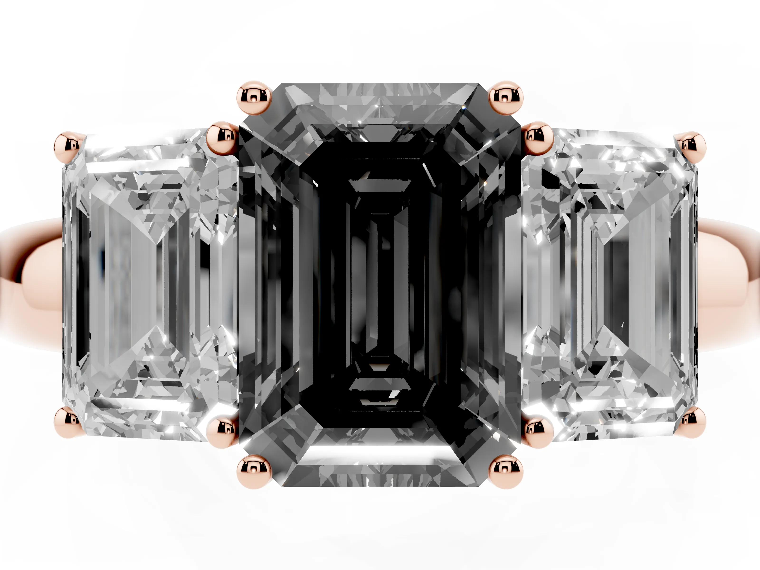 Fancy Black Emerald Cut Diamond Three-Stone Ring Set in Rose gold with Bold Center and Classic Band