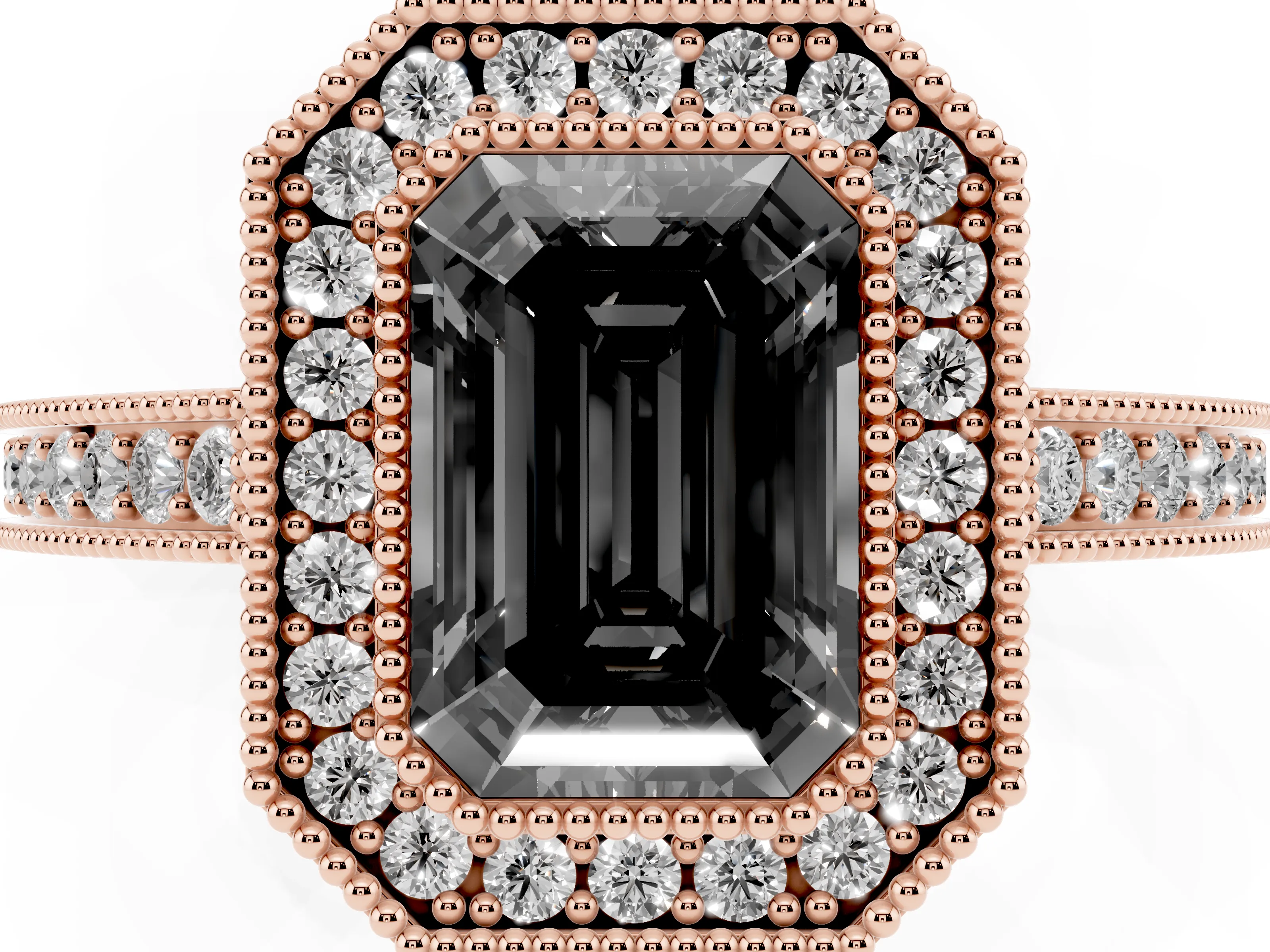 Fancy Black Emerald Cut Diamond Round Halo Ring Set in Rose gold with Pavé Band
