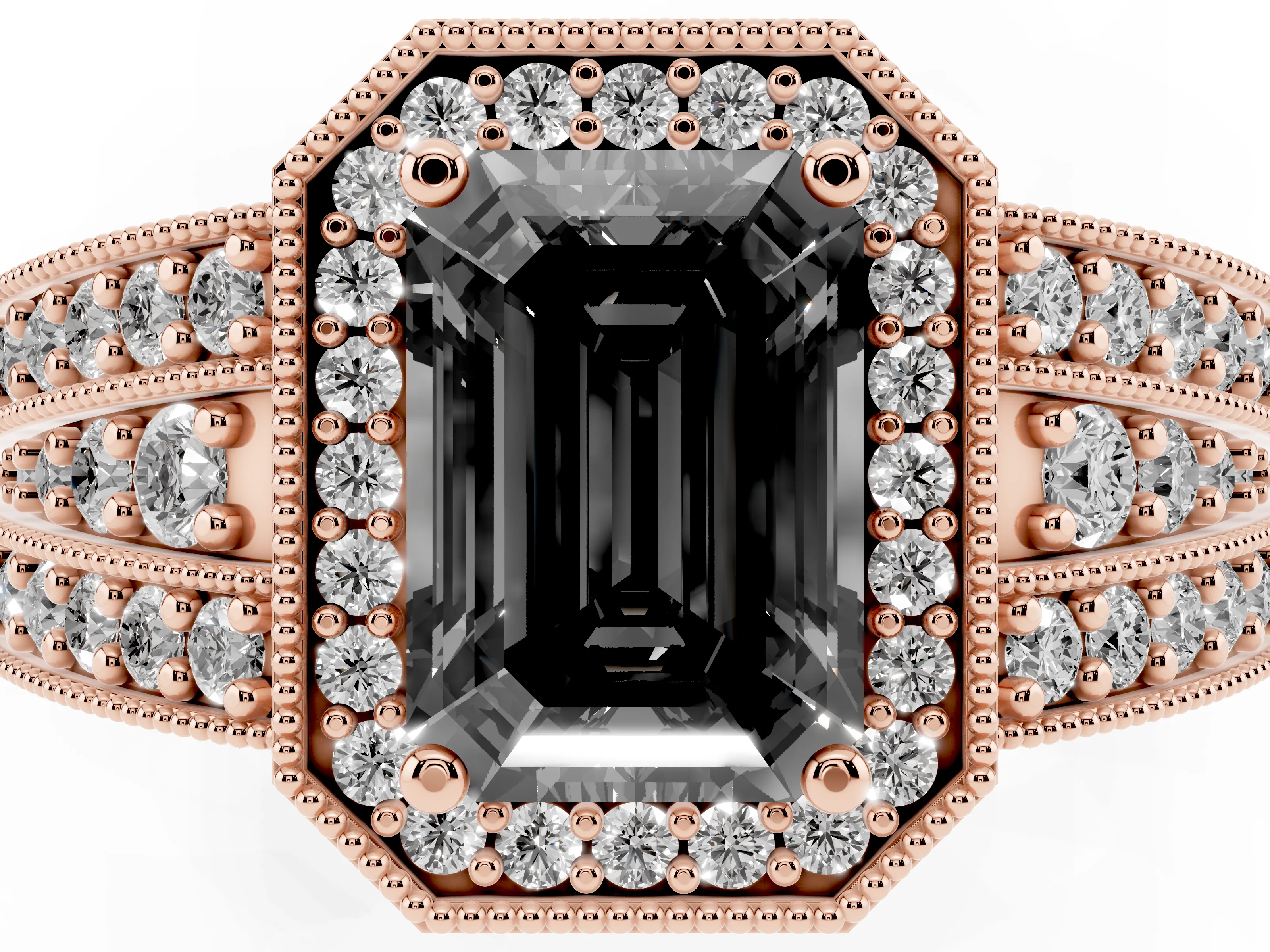 Fancy Black Emerald Cut Diamond Halo Ring Set in Rose gold with Accent Split Shank and Prong Setting