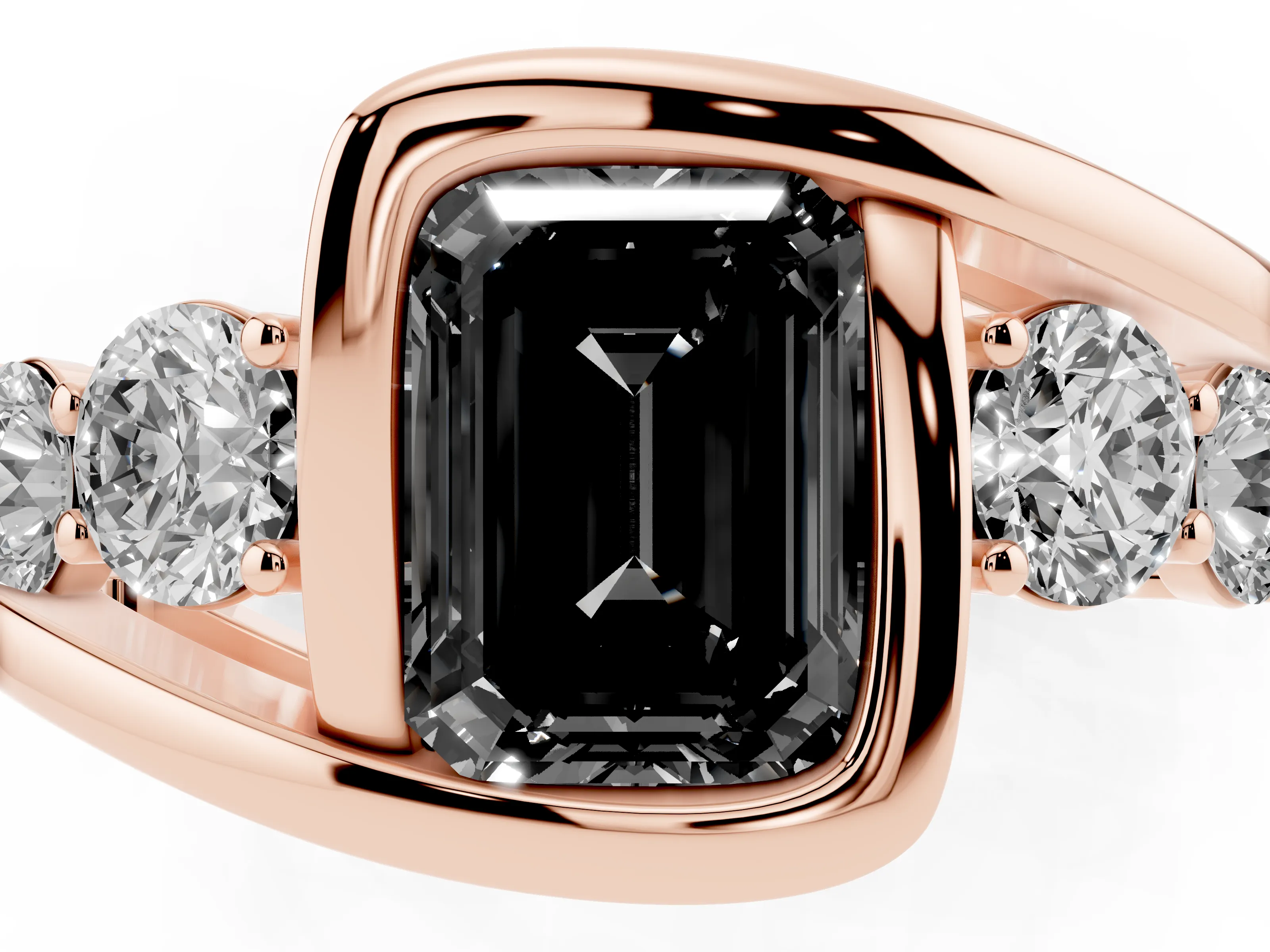 Fancy Black Emerald Cut Diamond Bezel Bypass Ring Set in Rose gold with Round Accents