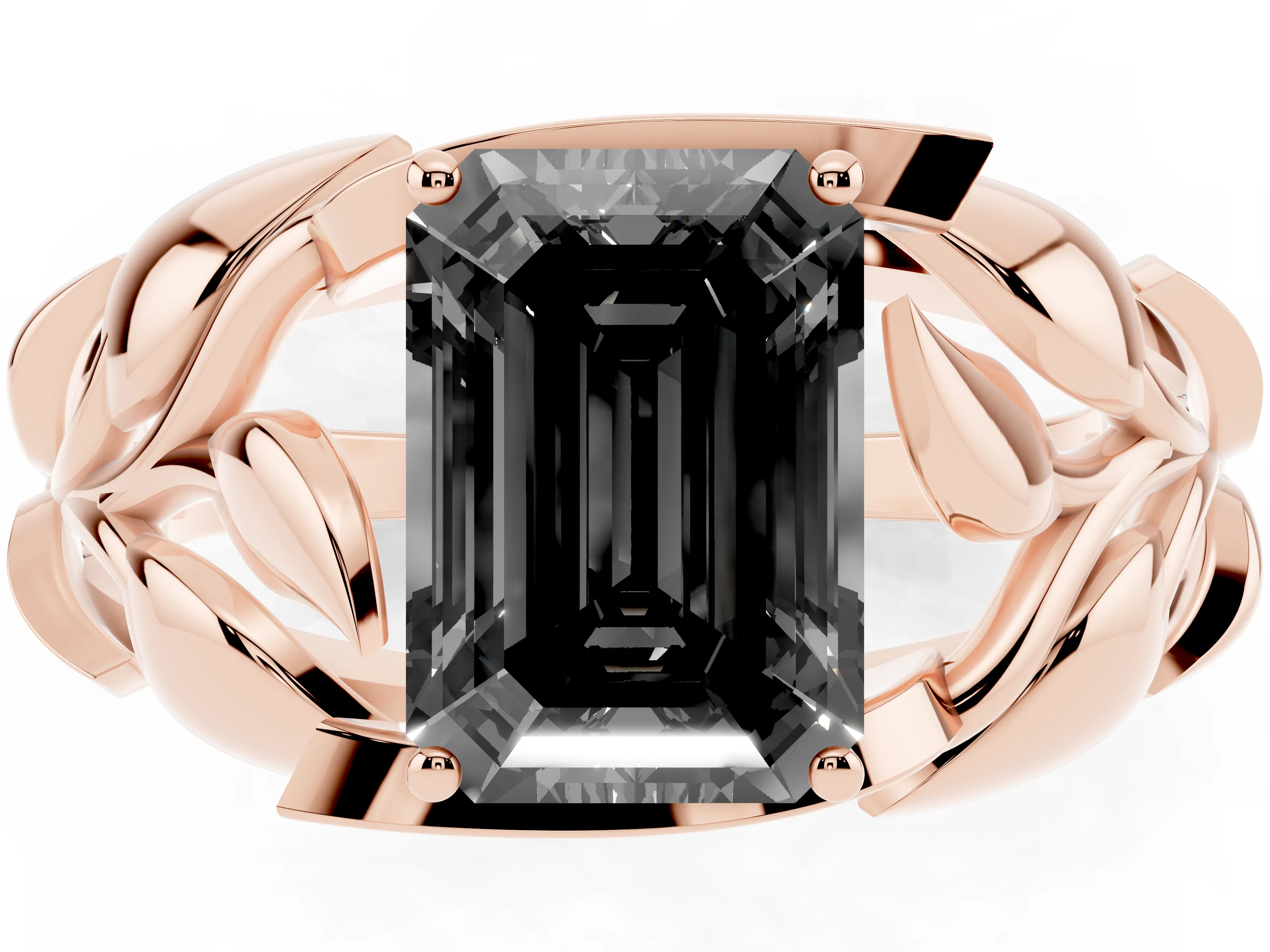 Fancy Black Emerald Cut Diamond Leaf-Inspired Engagement Ring Set in Rose gold with Round Accents