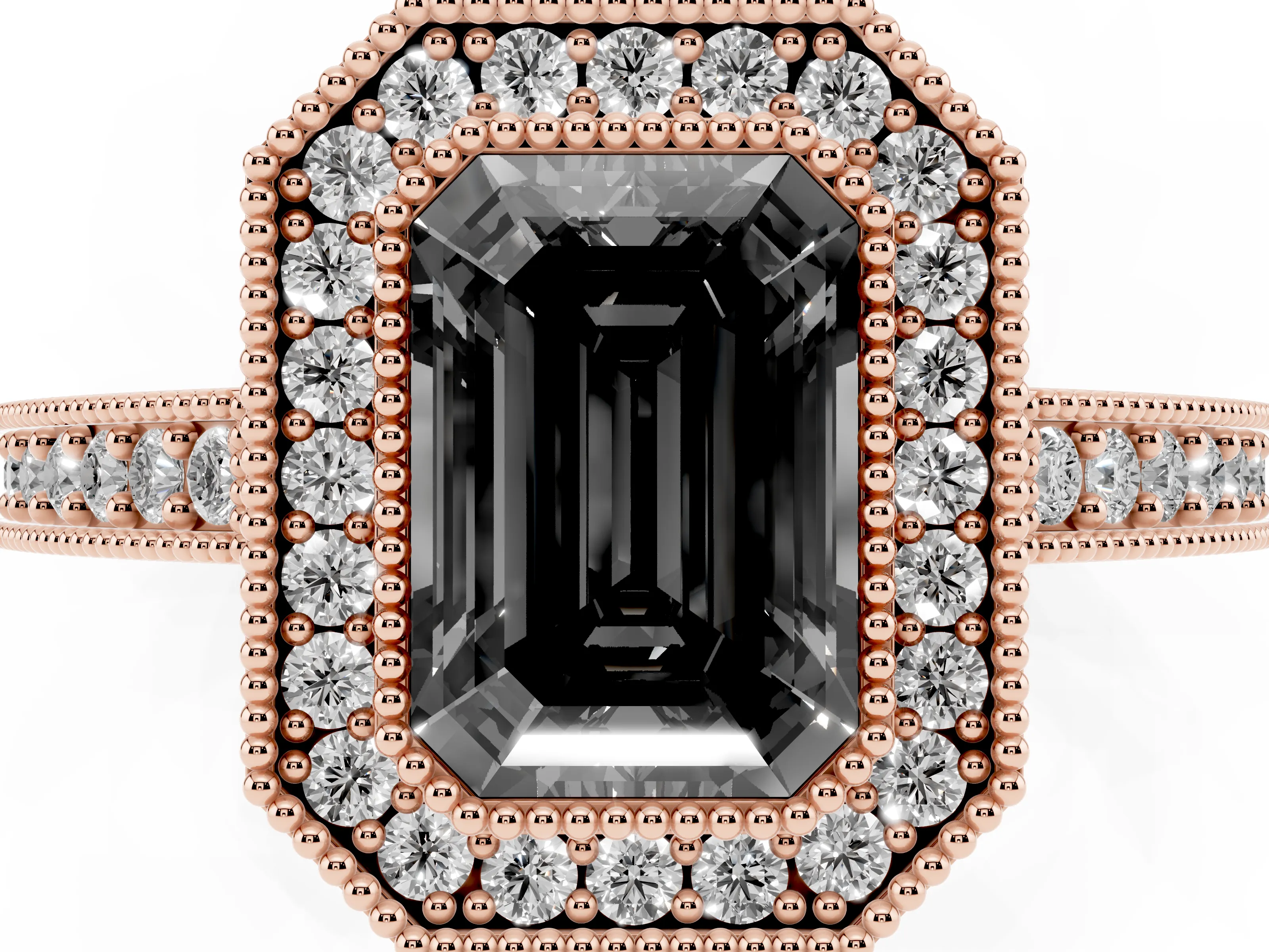 Fancy Black Emerald Cut Diamond Halo Engagement Ring Set in Rose gold with Pavé Band and Round Halo Stones