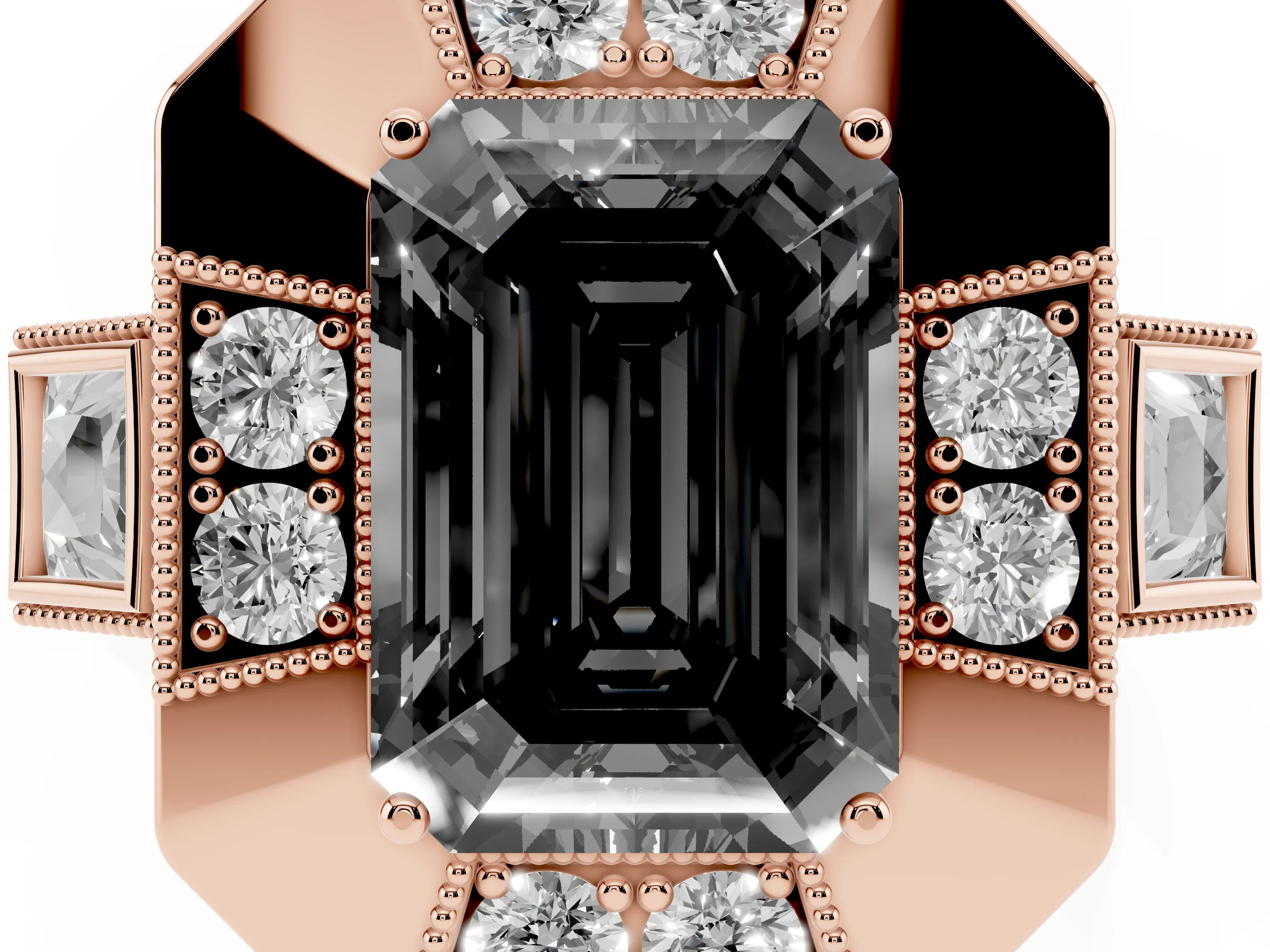 Fancy Black Emerald Cut Diamond Milgrain Halo Ring Set in Rose gold with Split Shank