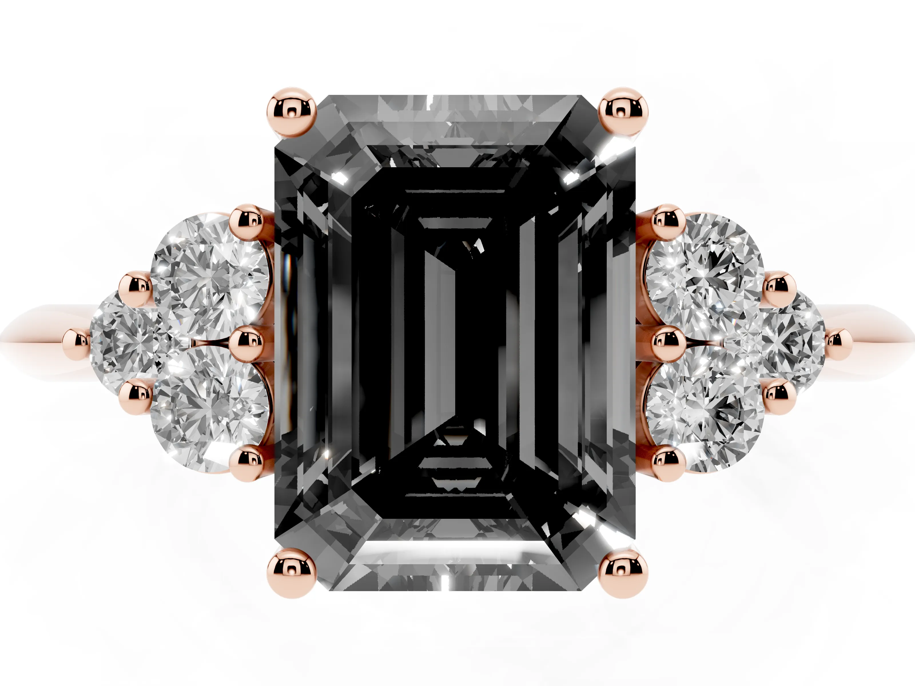 Fancy Black Emerald Cut Diamond Cluster Ring Set in Rose gold with Plain Band and Prong Setting