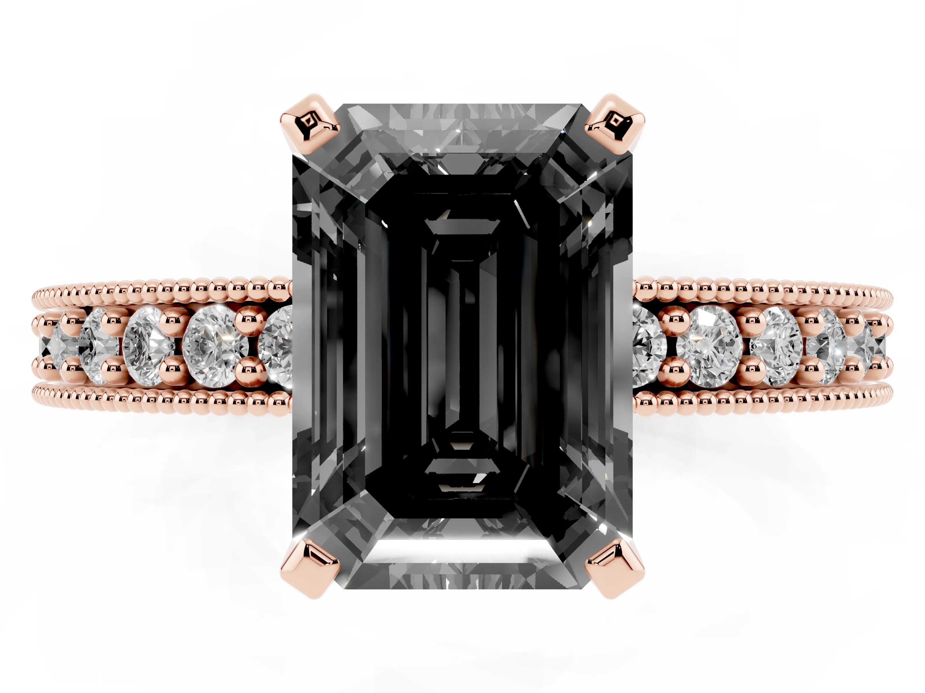 Fancy Black Emerald Cut Diamond Milgrain Pavé Engagement Ring Set in Rose gold with Prong Setting