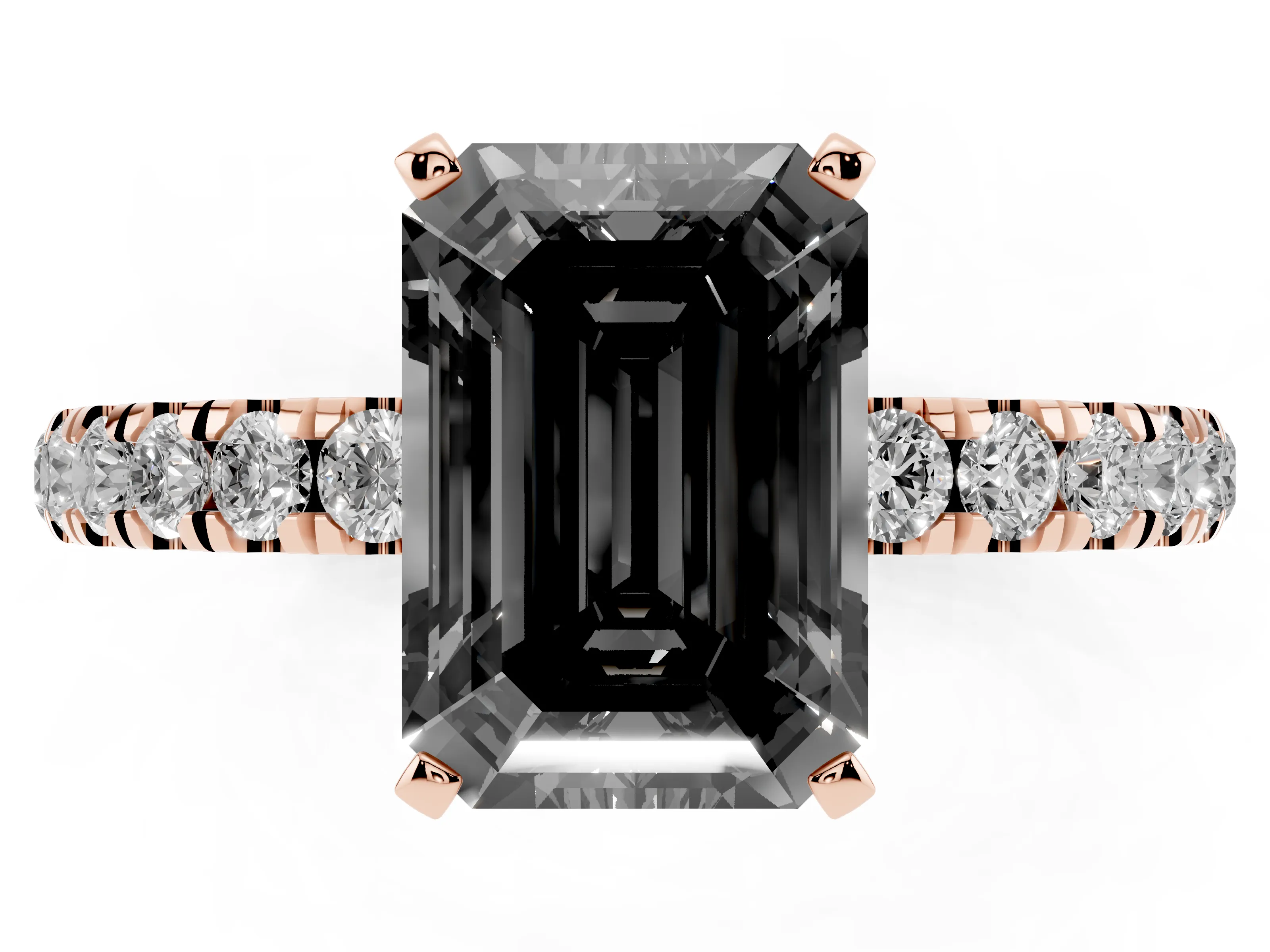 Fancy Black Emerald Cut Diamond Solitaire Ring Set in Rose gold with Pavé Accents and Prong Setting