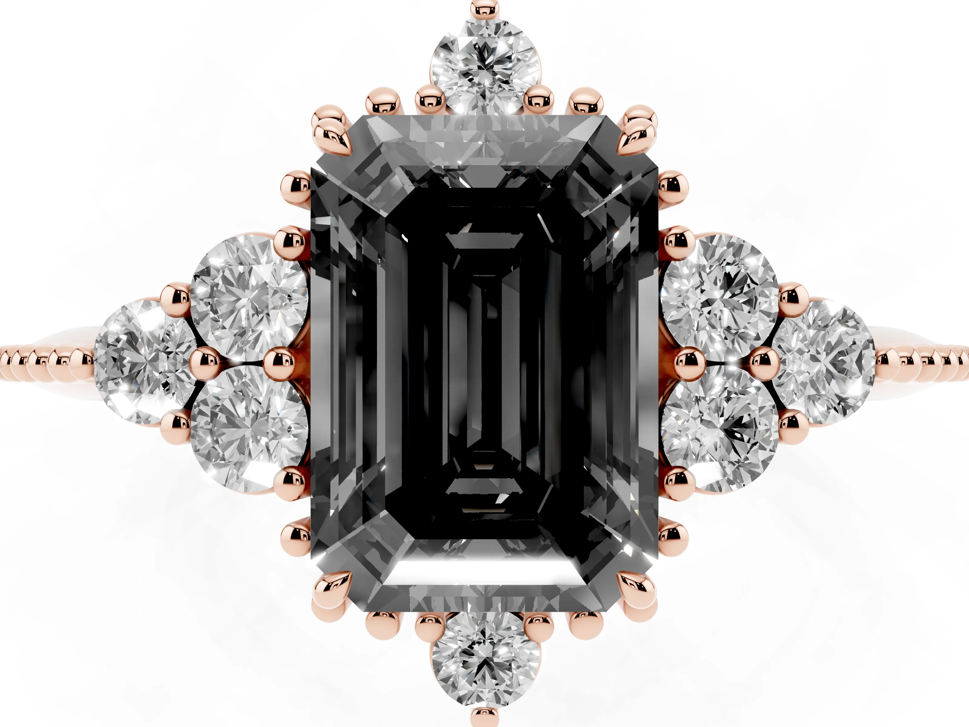 Fancy Black Emerald Cut Diamond Cluster Ring Set in Rose gold with Beaded Band
