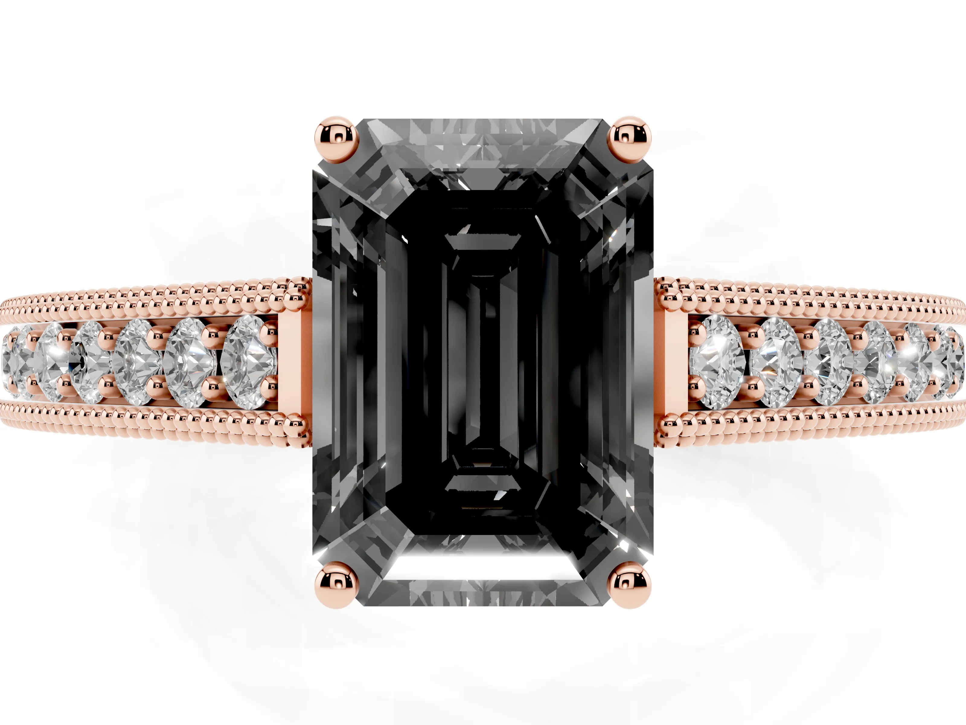 Fancy Black Emerald Cut Diamond Milgrain Pavé Band Solitaire Ring Set in Rose gold with Prong Setting