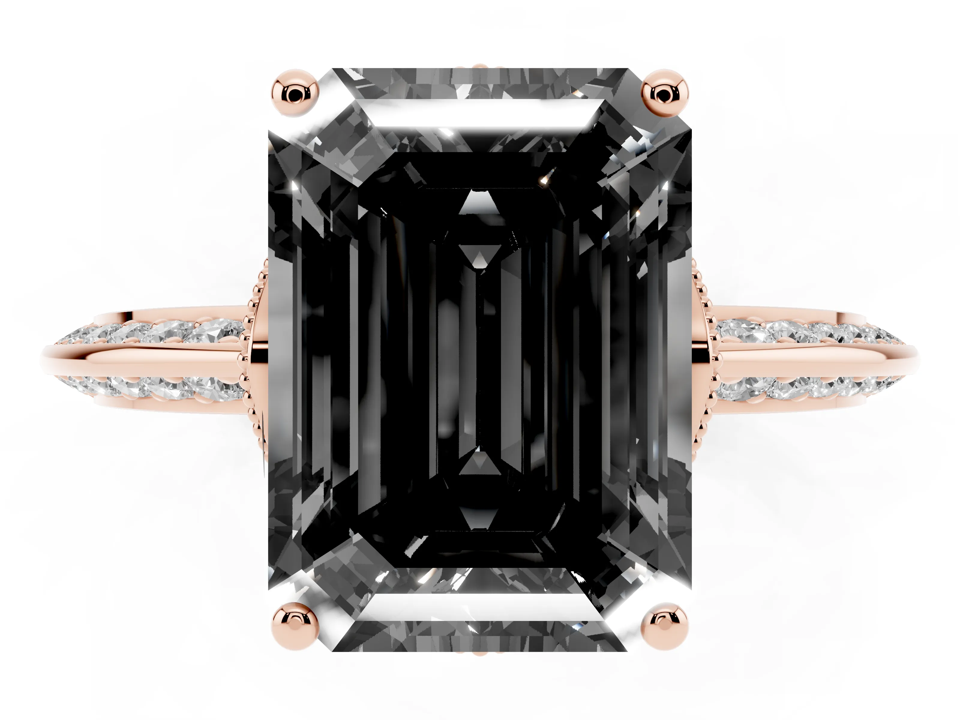 Fancy Black Emerald Cut Diamond Solitaire Engagement Ring Set in Rose gold with Pavé Split Shank and Prong Setting