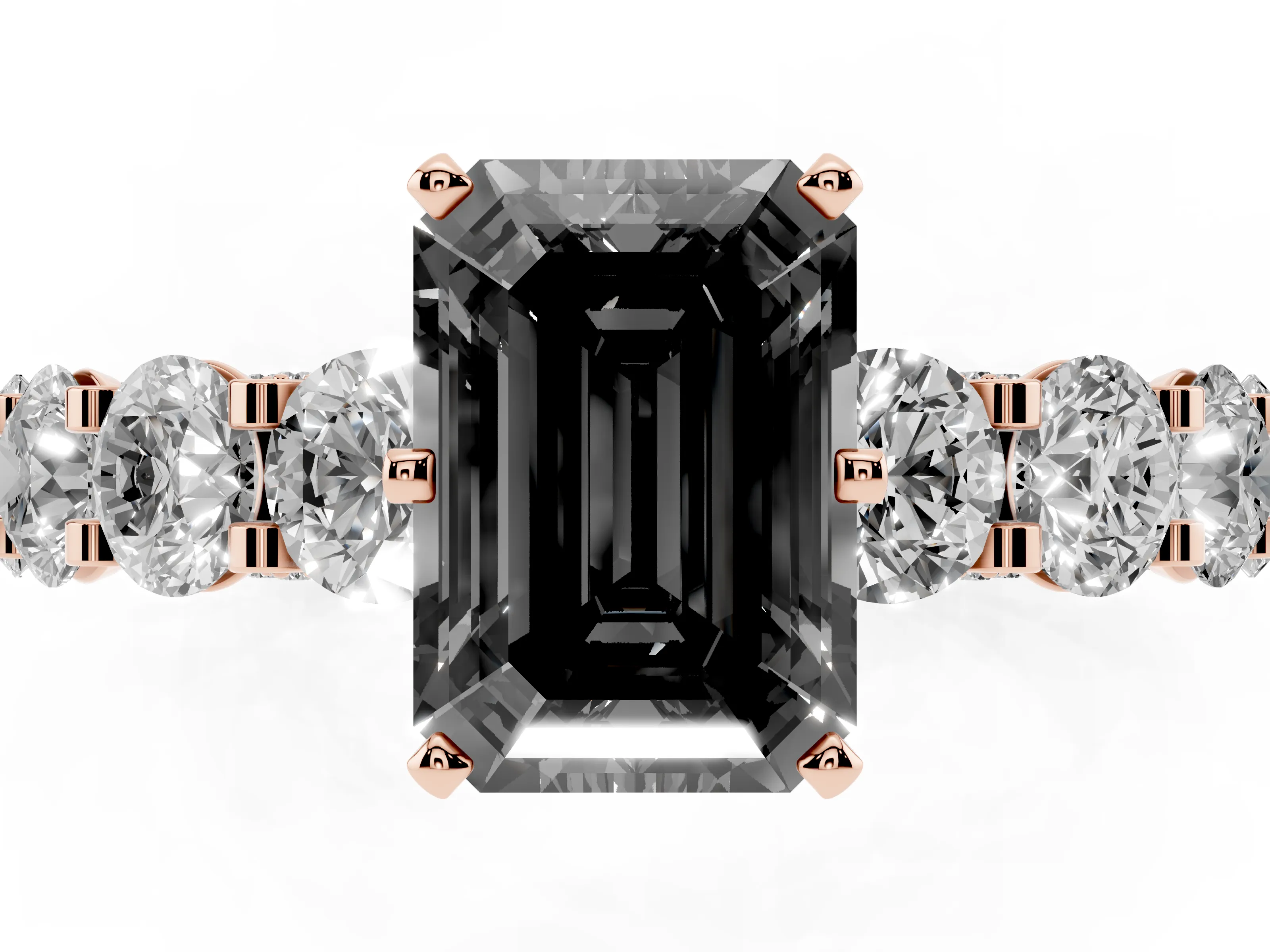 Fancy Black Emerald Cut Diamond Side Stone Ring Set in Rose gold with Alternating Round and Oval Side Stones