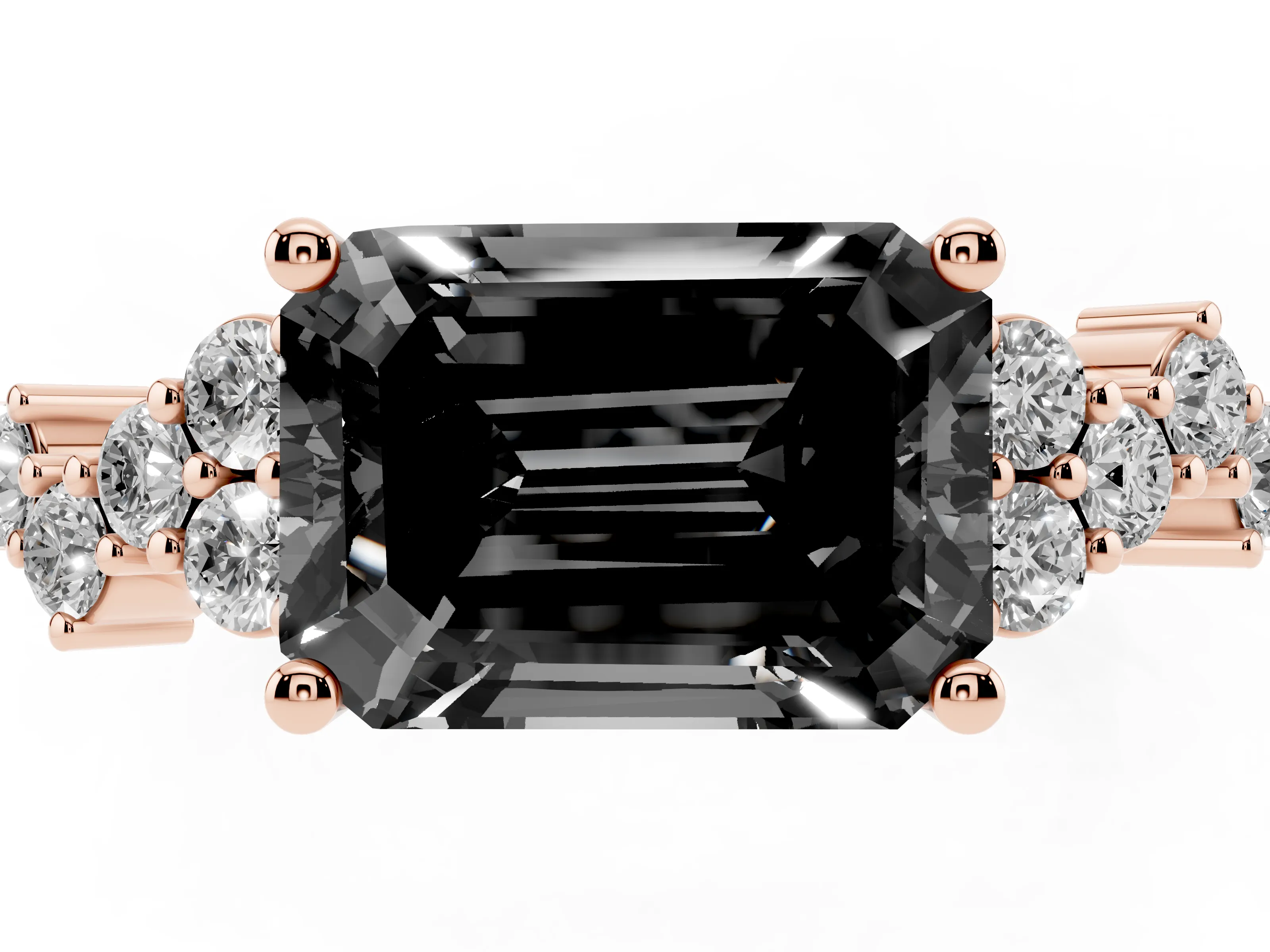 Fancy Black Emerald Cut Diamond Ring Set in Rose gold with Scattered Round Accents
