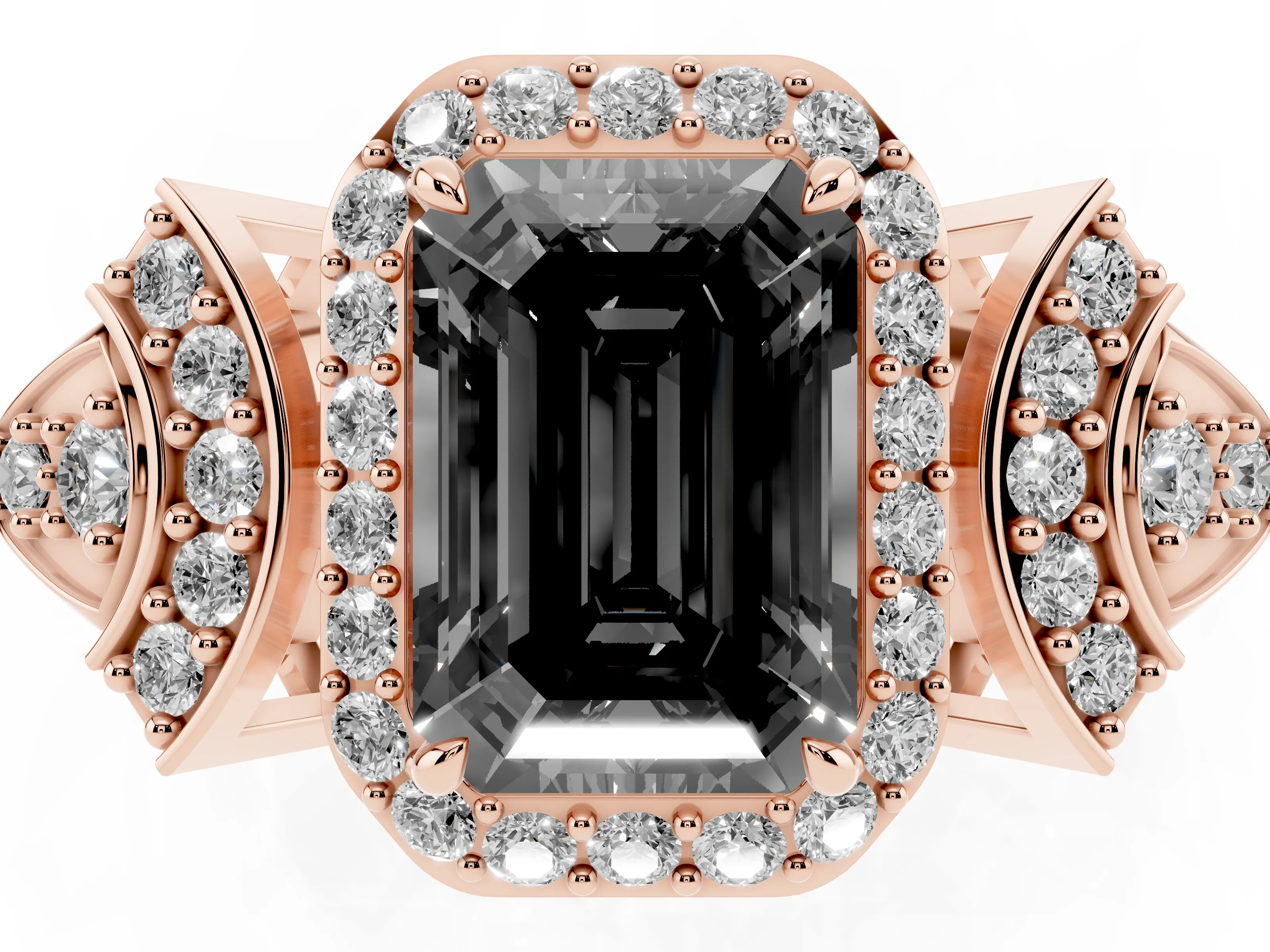 Fancy Black Emerald Cut Diamond Halo Engagement Ring Set in Rose gold with Accent Stone Split Shank