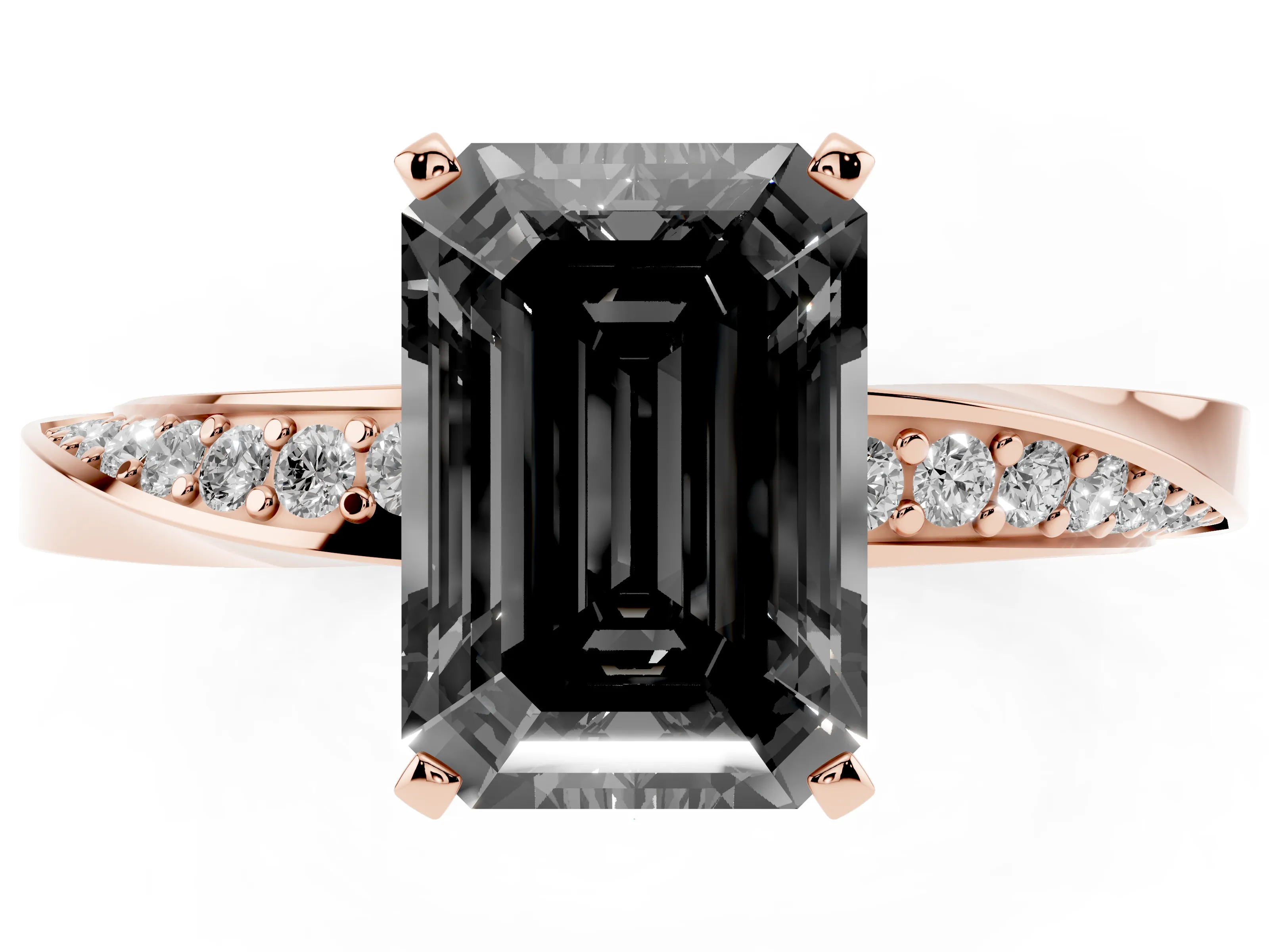 Fancy Black Emerald Cut Diamond Engagement Ring Set in Rose gold with Side Stone Accents and Prong Setting