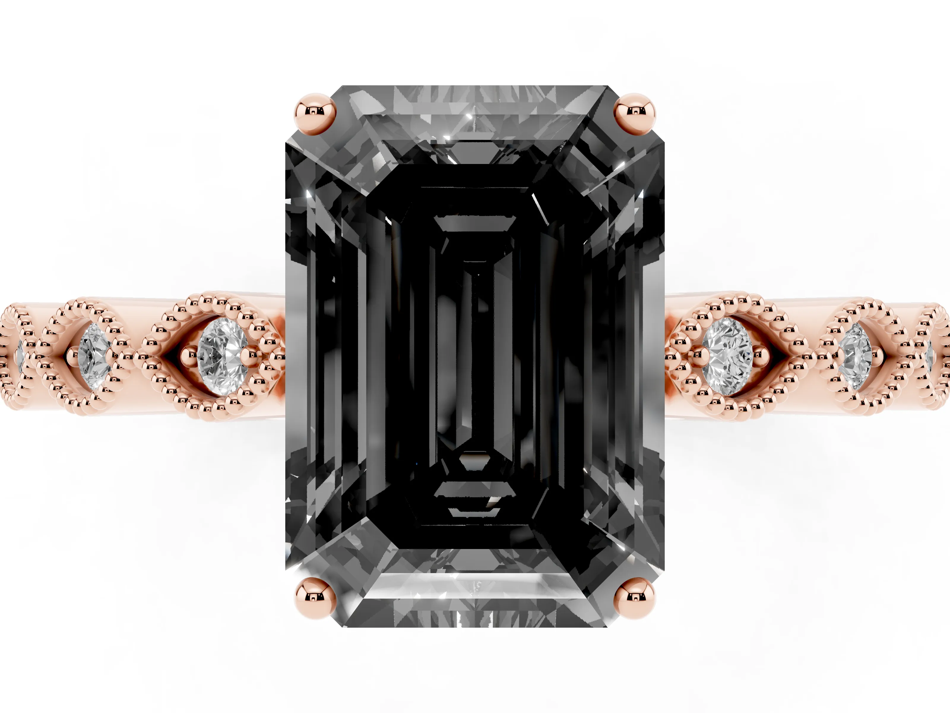 Fancy Black Emerald Cut Diamond Solitaire Ring Set in Rose gold with Infinity Twist Pavé Band