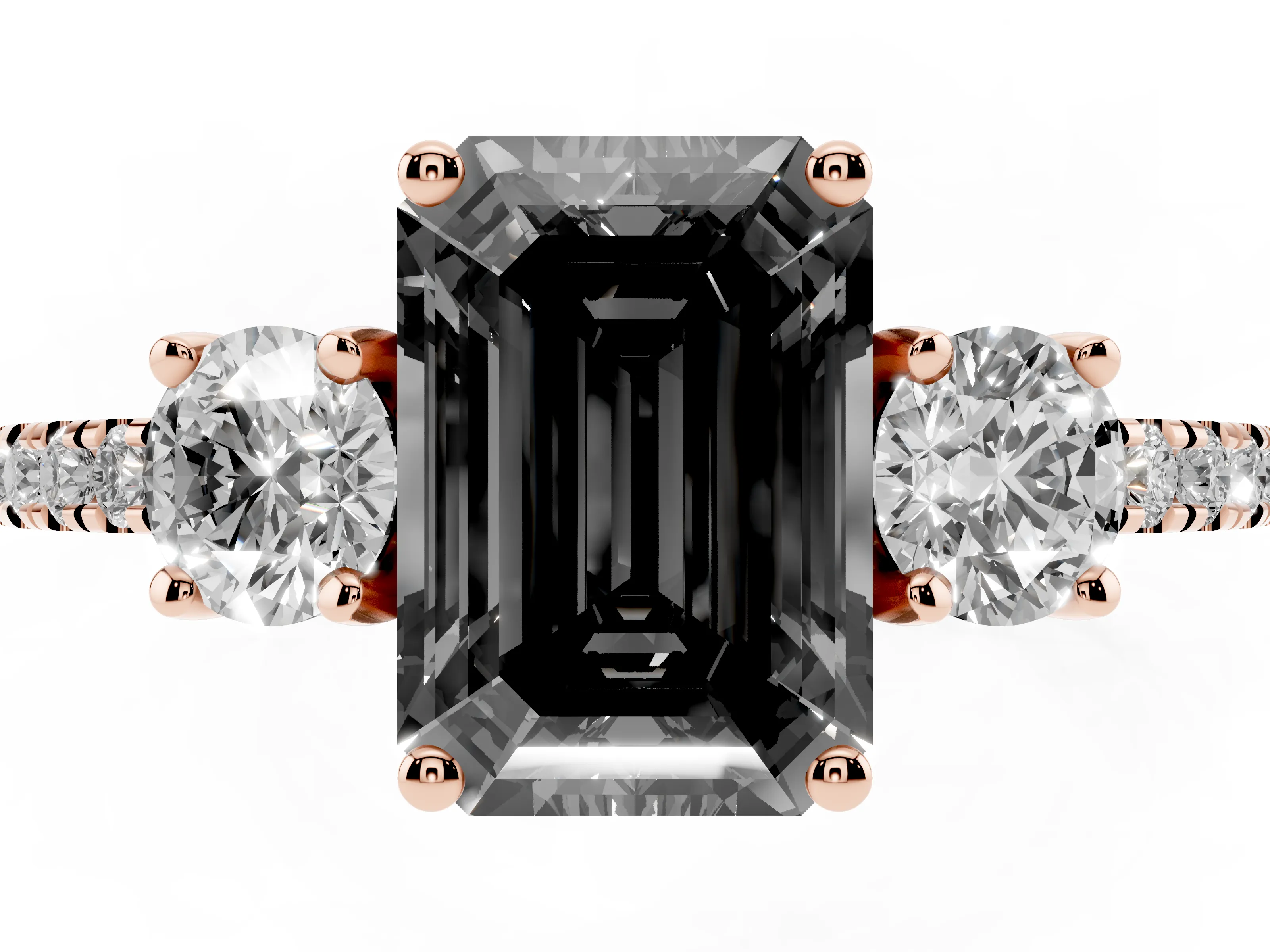 Fancy Black Emerald Cut Diamond Three-Stone Ring Set in Rose gold with Pavé Band and Graduated Sides