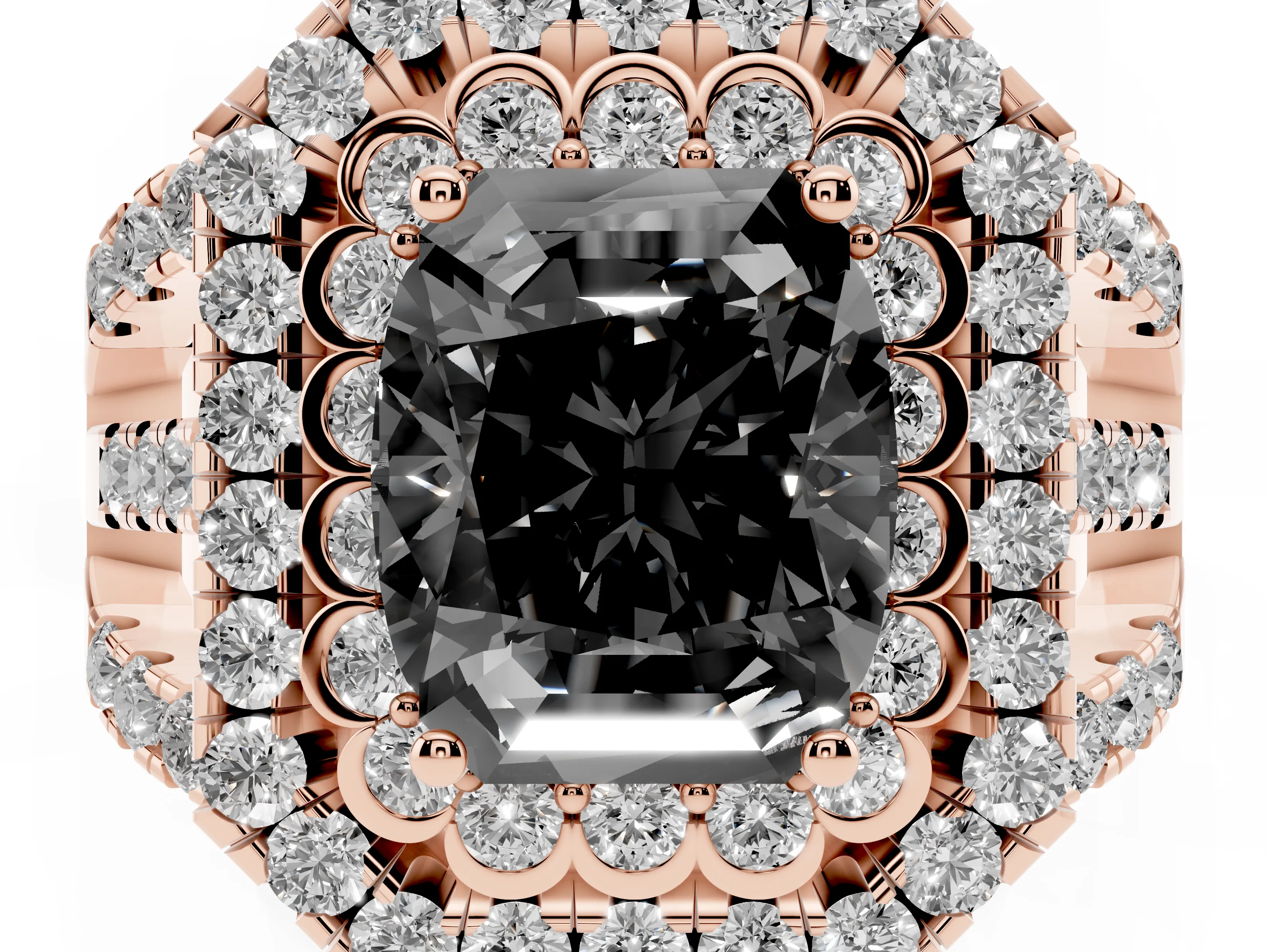Fancy Black Emerald Cut Diamond Double Halo Ring Set in Rose gold with Round Pavé Split Shank