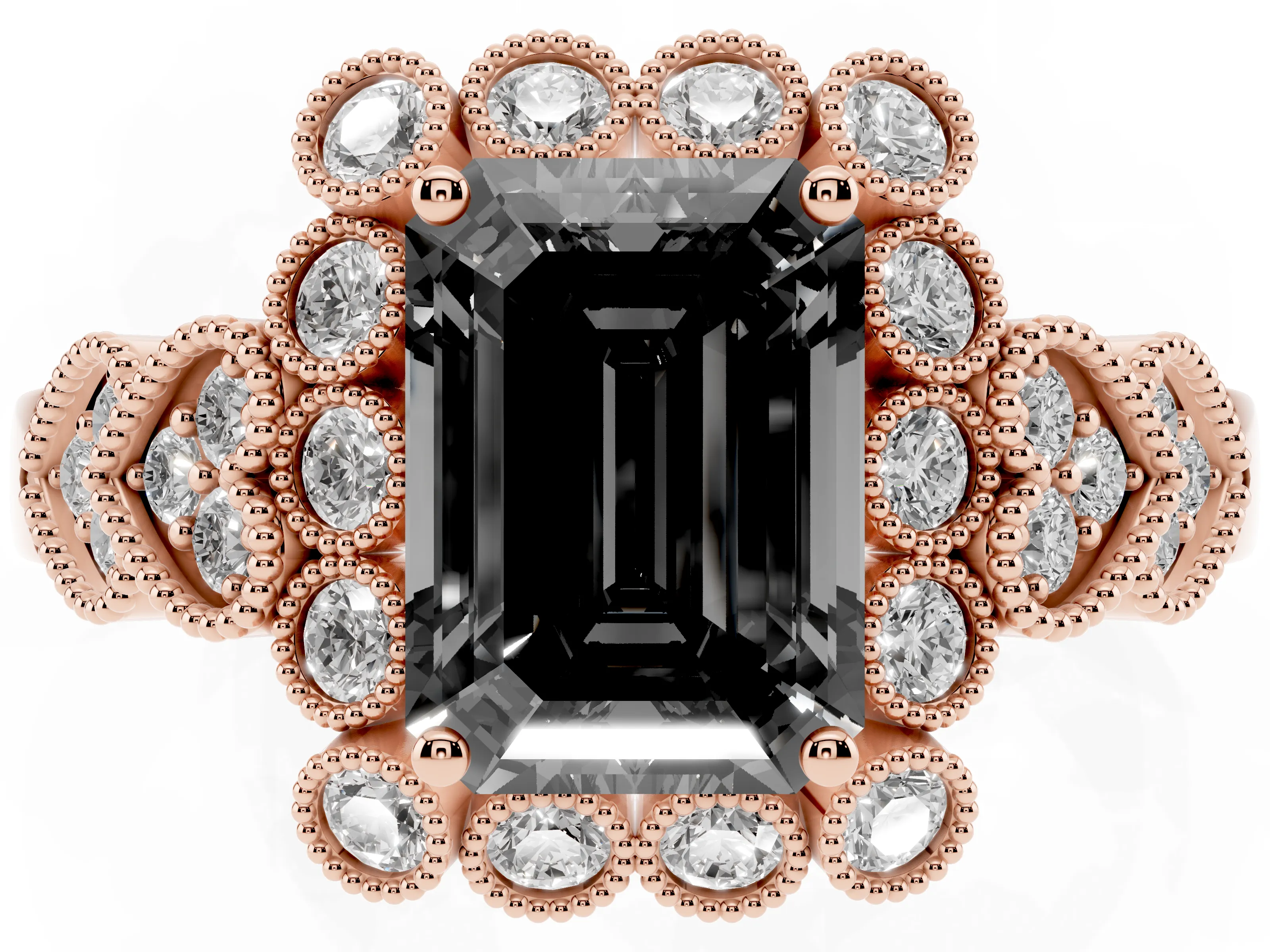 Fancy Black Emerald Cut Diamond Solitaire Ring Set in Rose gold with Milgrain Pavé Heart Band