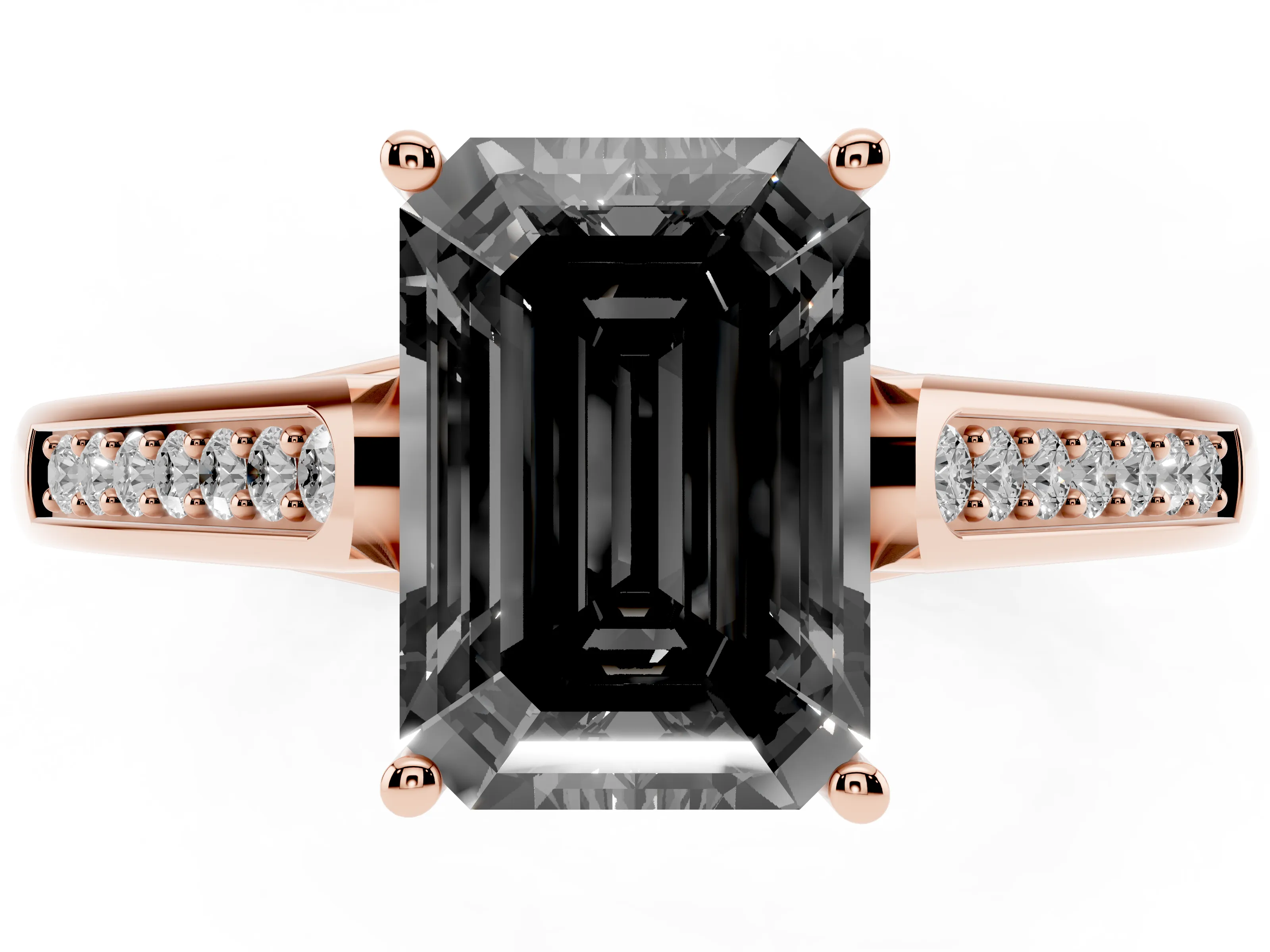 Fancy Black Emerald Cut Diamond Solitaire Cathedral Engagement Ring Set in Rose gold with Channel-Set Band and Prong Setting