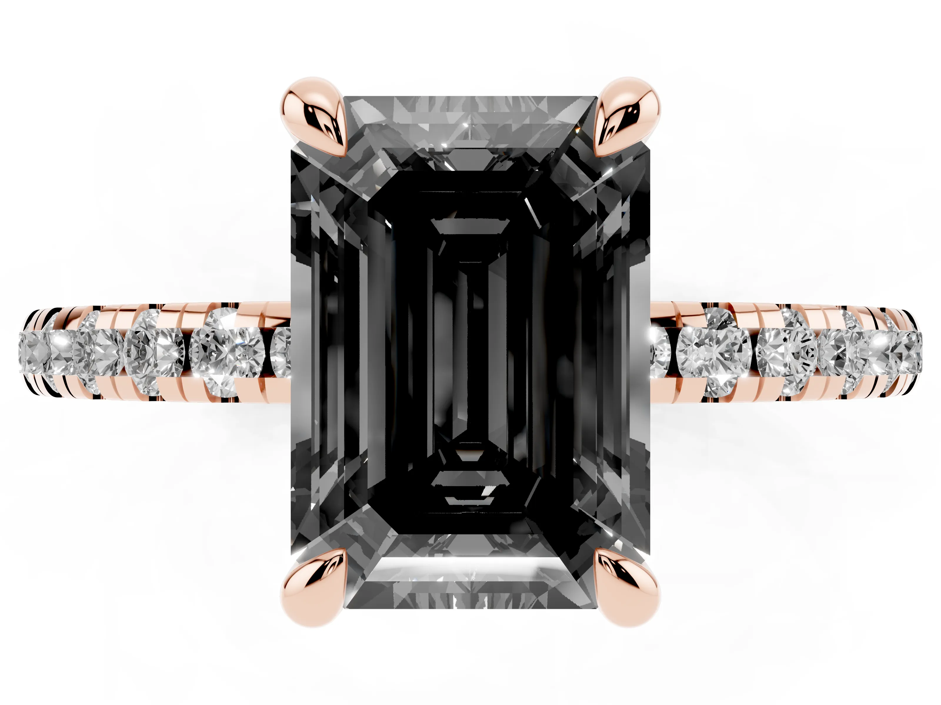 Fancy Black Emerald Cut Diamond Brilliant Solitaire Ring Set in Rose gold with Pavé Band and Prong Setting