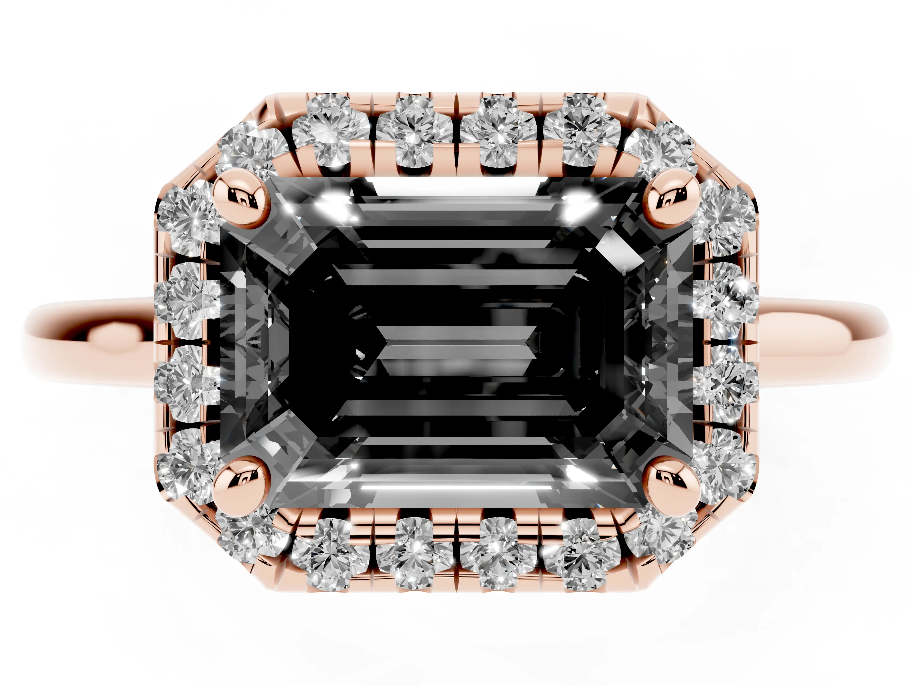 Fancy Black Emerald Cut Diamond Halo Engagement Ring Set in Rose gold with Pavé Band and Rising Shoulders