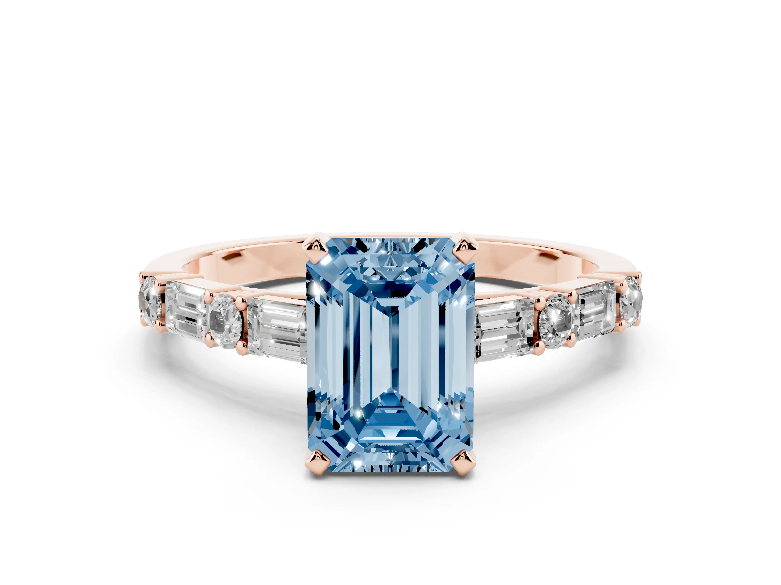Fancy Blue Emerald Cut Diamond Solitaire Set in Rose gold with Side Baguettes and Channel Set Band