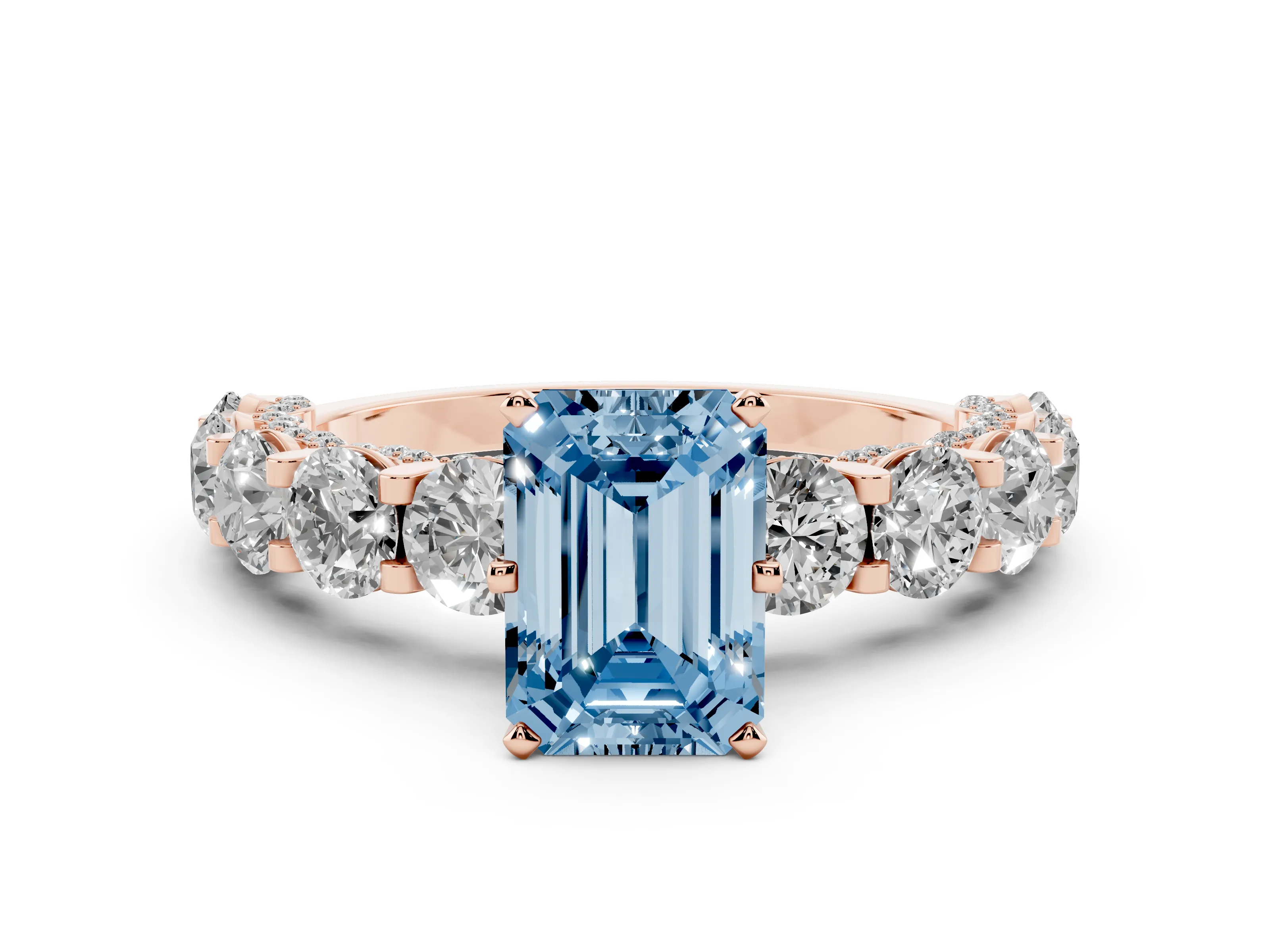 Fancy Blue Emerald Cut Diamond Side Stone Ring Set in Rose gold with Alternating Round and Oval Side Stones