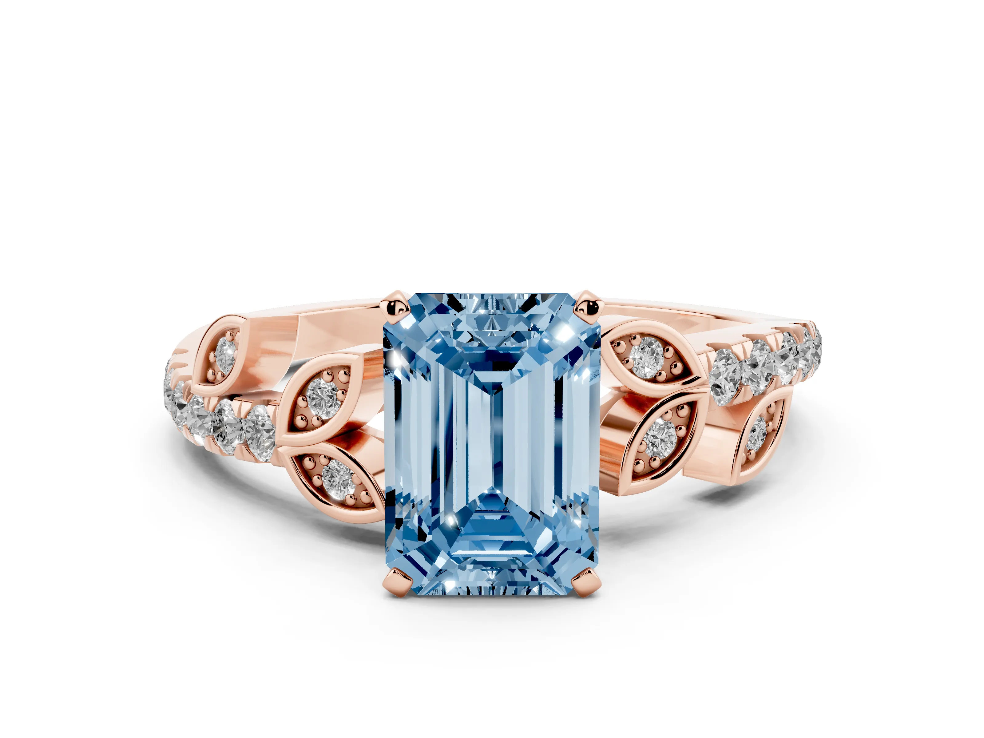 Fancy Blue Emerald Cut Diamond Solitaire Leaf-Inspired Ring Set in Rose gold with Pavé Band and Prong Setting