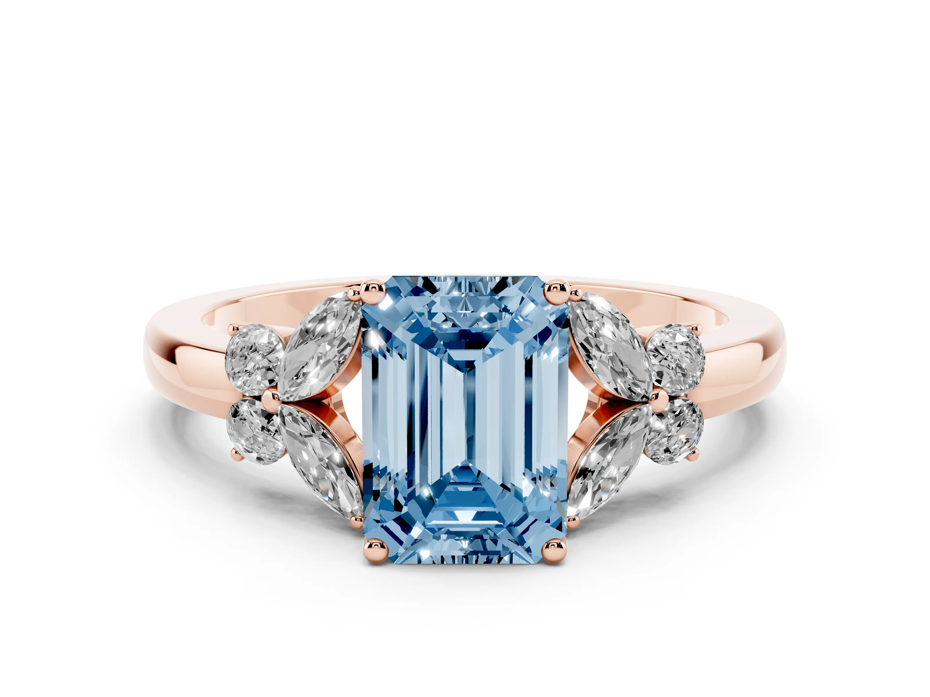 Fancy Blue Emerald Cut Diamond Solitaire Floral Ring Set in Rose gold with Marquise Petals and Prong Setting