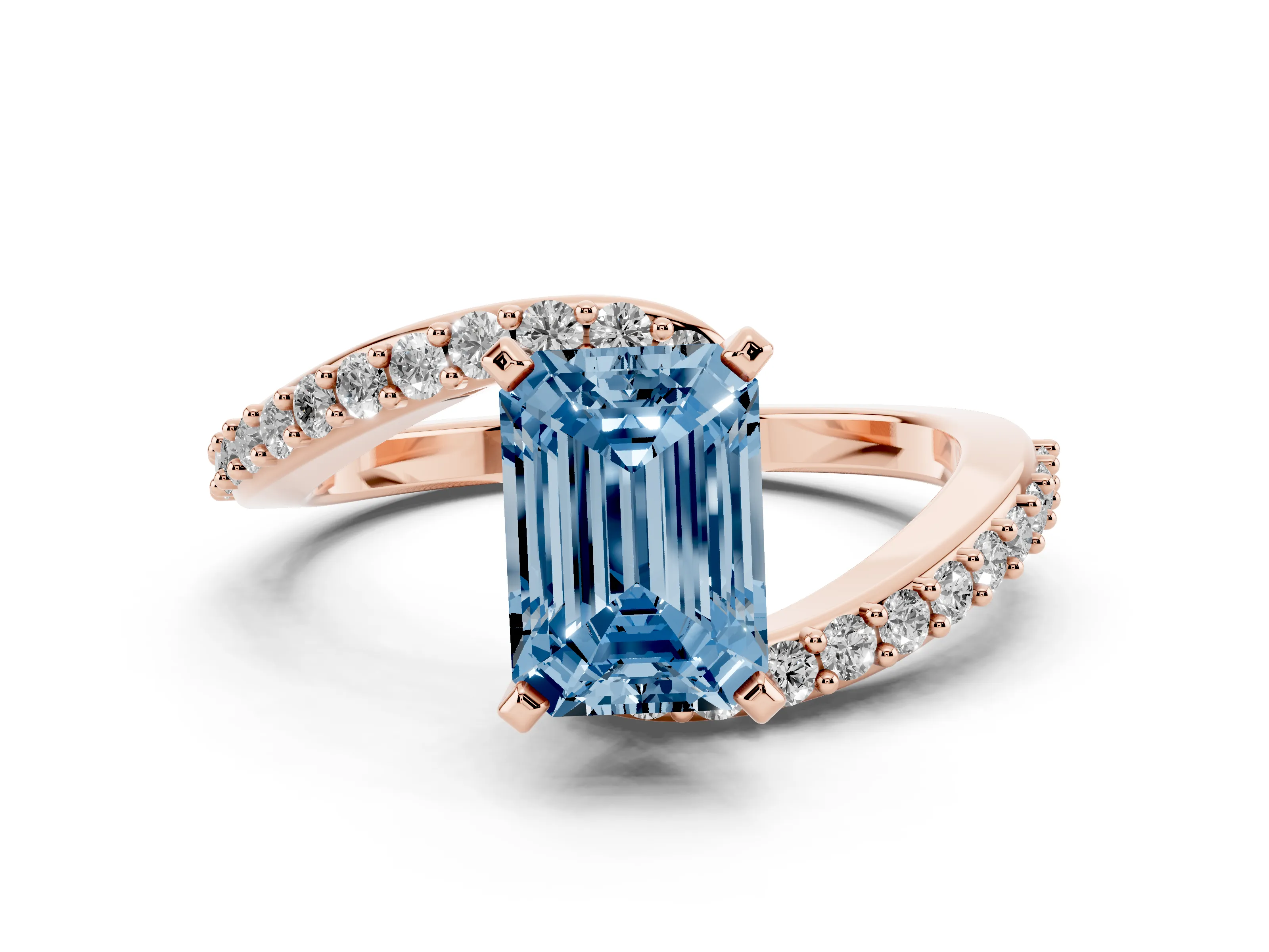Fancy Blue Emerald Cut Diamond Solitaire Ring Set in Rose gold with Pavé Twist Band and Prong Setting
