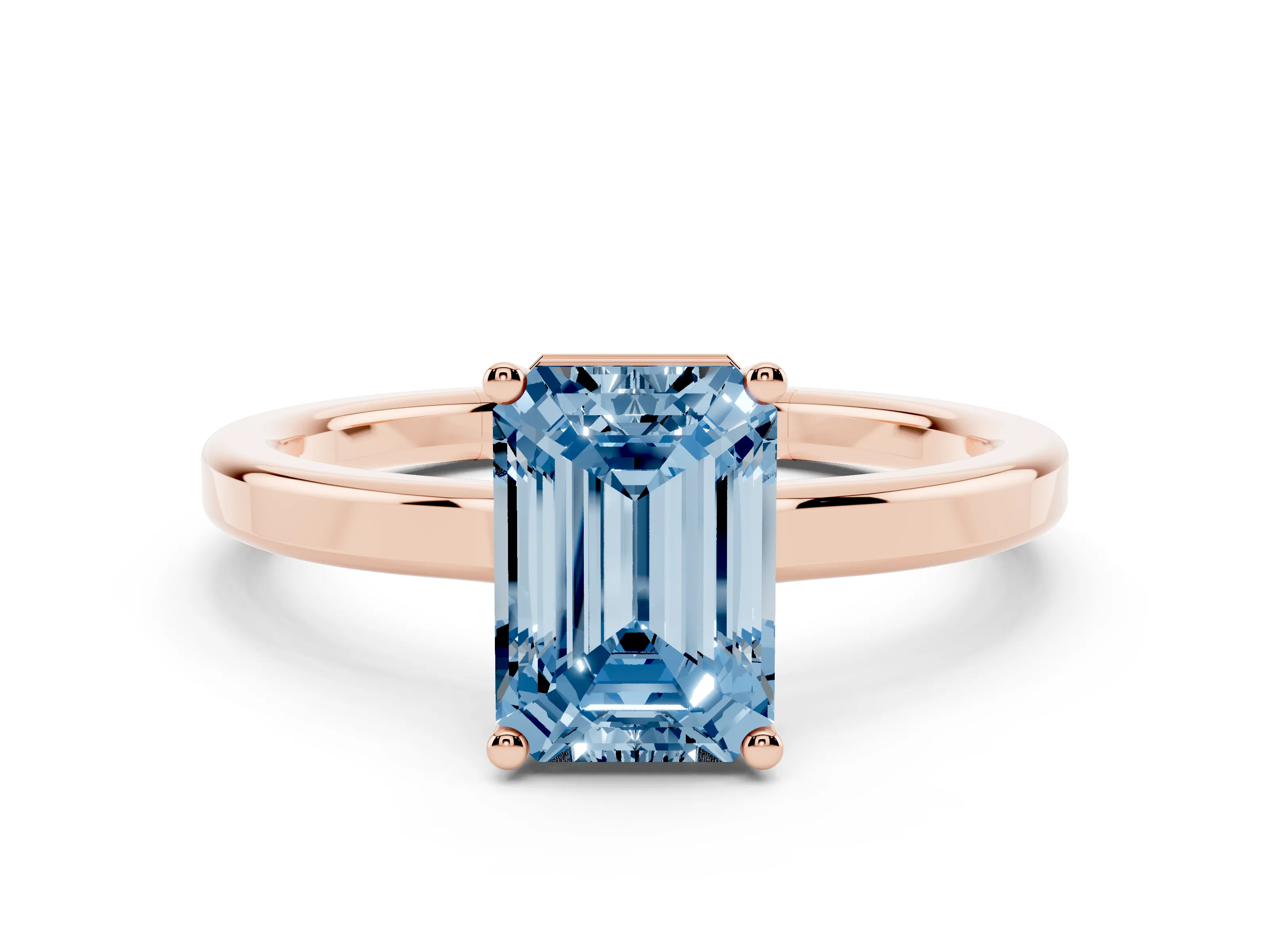 Fancy Blue Emerald Cut Diamond Solitaire Engagement Ring Set in Rose gold with Prong Setting on a Plain Band
